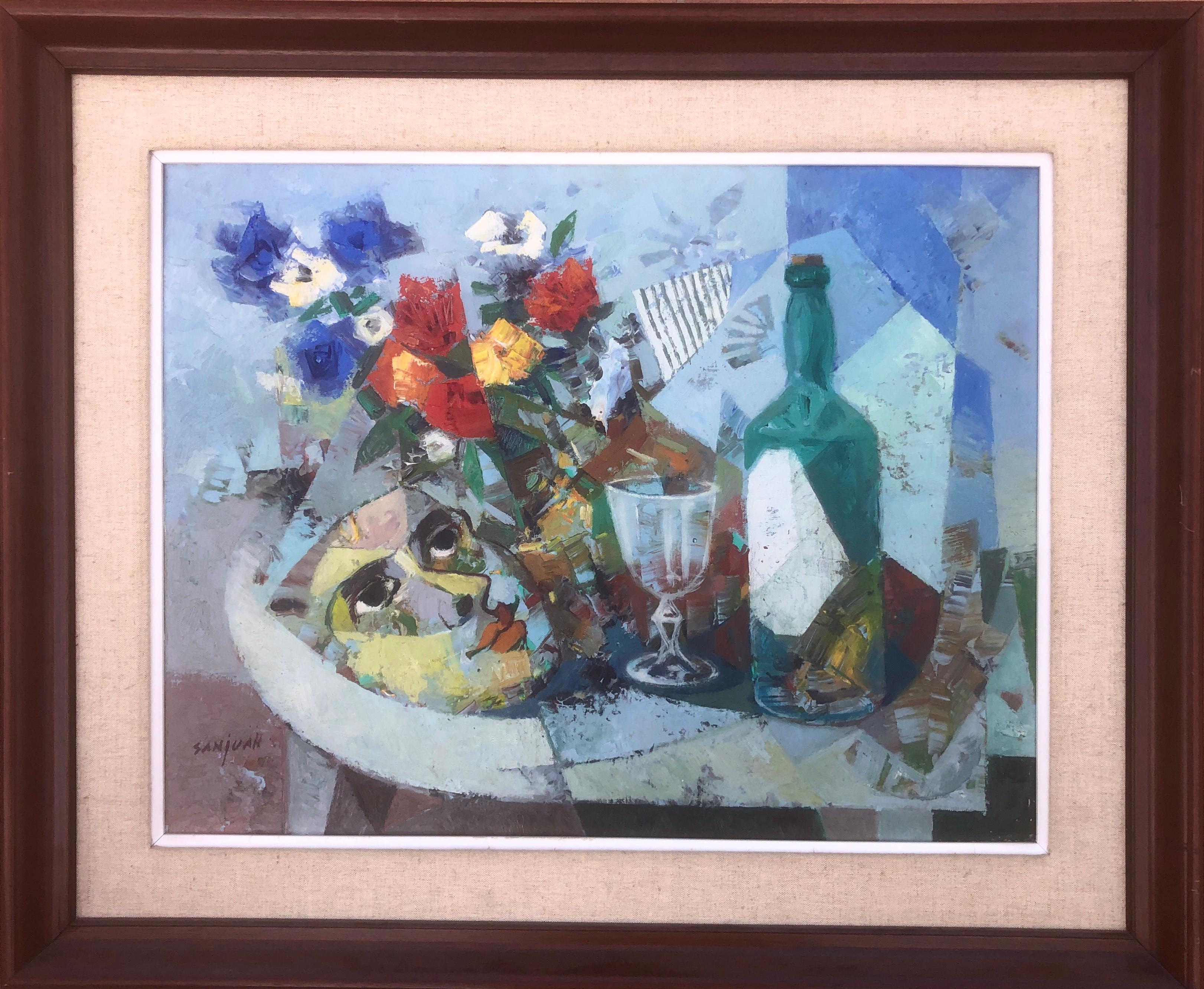 Bodegón con máscara óleo sobre lienzo pintura cubismo - Painting de Bernat Sanjuan