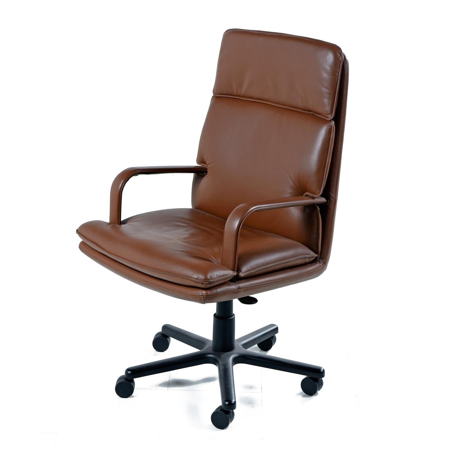 This line debuted in the late 1970s. Each chair is on casters and feature authentic, original, leather upholstery in very good condition. Interestingly, this chair was featured in the movie BIG (1988) with Tom Hanks. The (10, sold separately) we’re