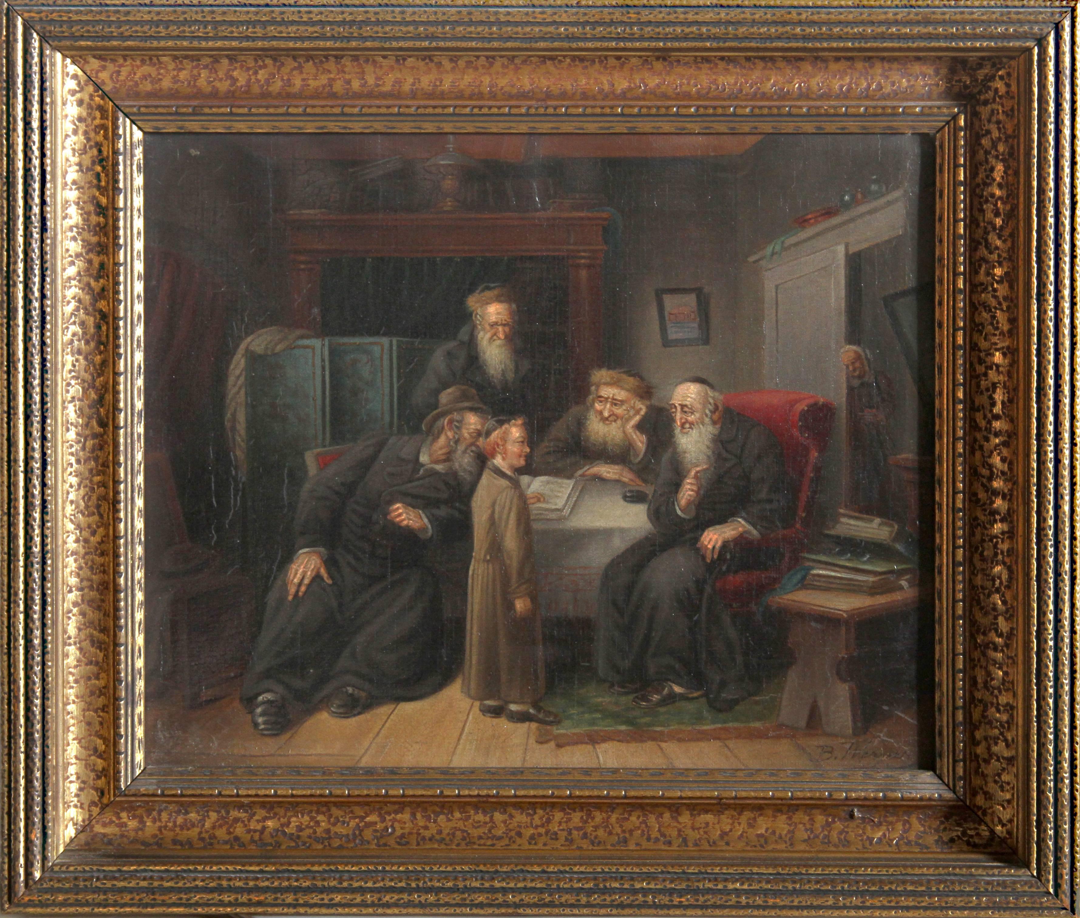 Artistics : Bernd Werner
Titre : École hébraïque
Année : vers 1930
Moyen d'expression : Huile sur toile, signée
Taille : 26,67 x 31,75 cm (10,5 x 12,5 in)
Taille du cadre : 14 x 16 pouces