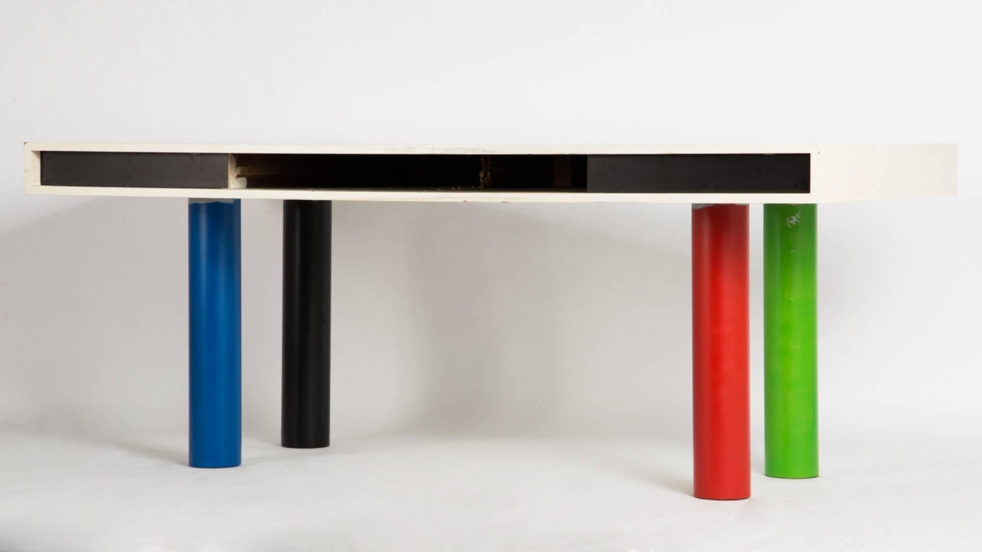 Bernd Zimmermann attributed desk on four colored lacquered metal surfaces. Storage compartment on the underside.