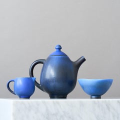 Berndt Friberg, Blue 3-piece Stoneware Tea Set, Gustavsberg Studio, Sweden, 1955