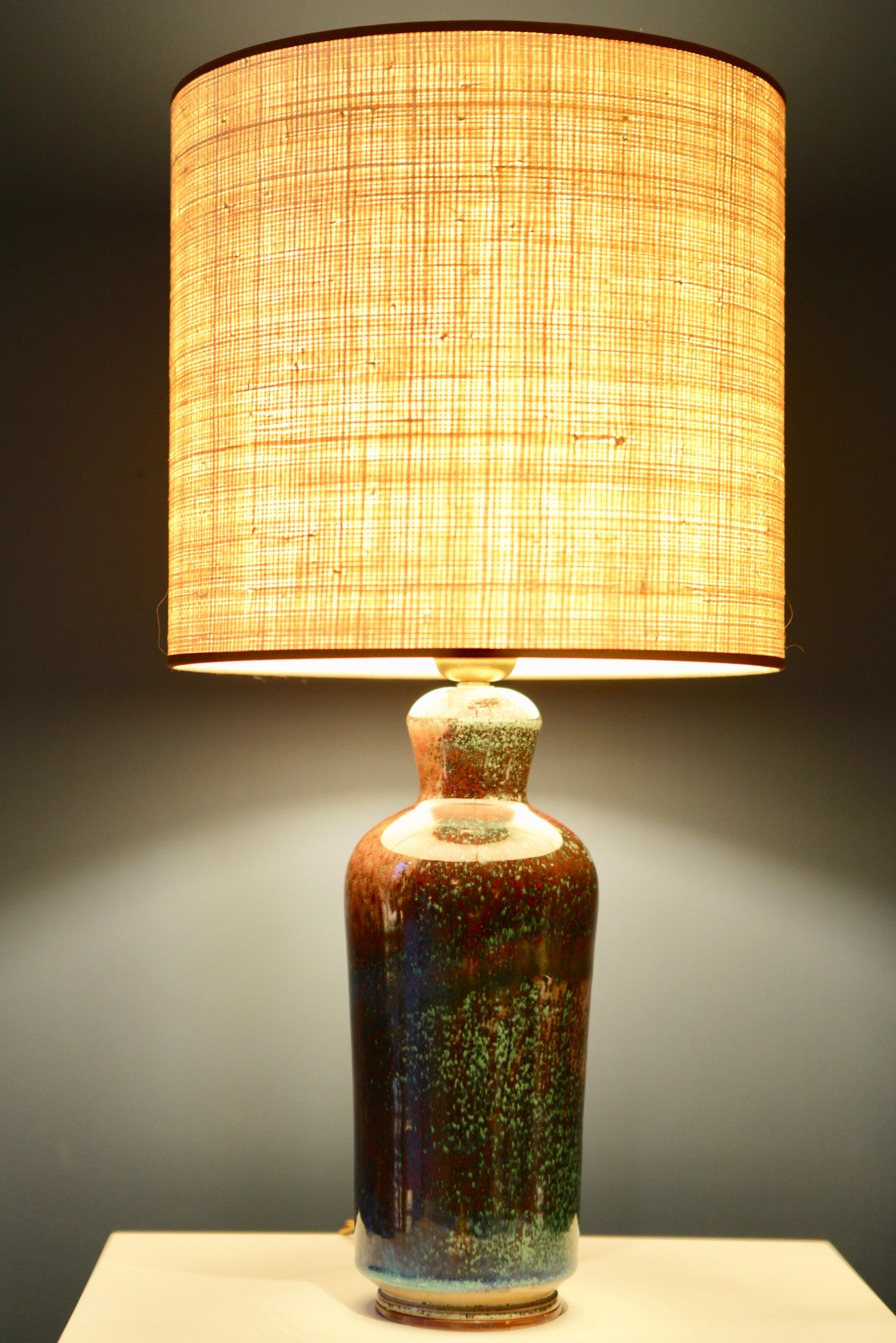 Berndt Friberg, green, turquoise and brown glazed stoneware table lamp,
Gustavsberg Studio, Sweden 1960s
Rewired, new handmade Raffia shade to be sold separate.
Excellent condition.
