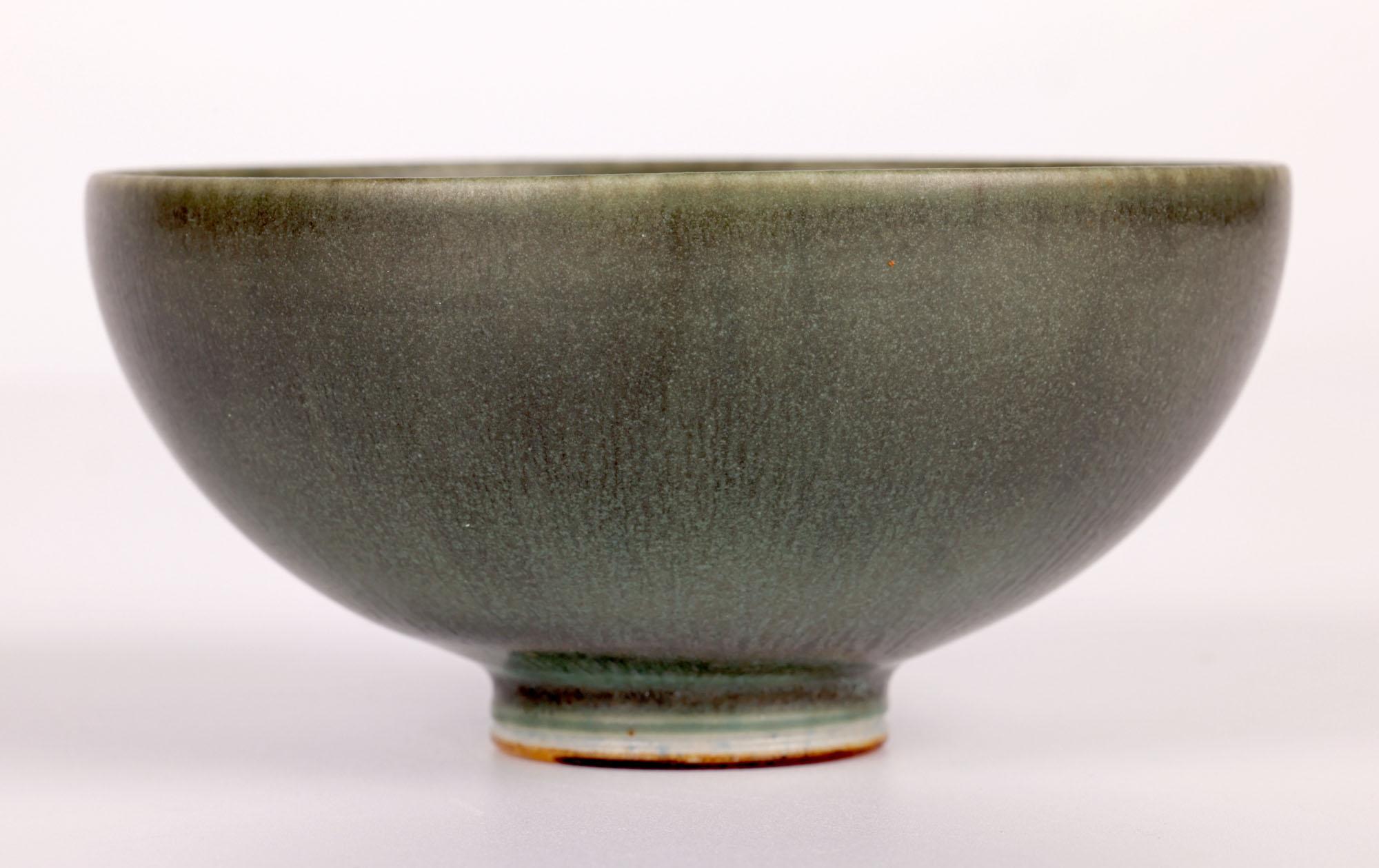 Berndt Friberg Gustavsberg Green Haresfur Glazed Studio Pottery Bowl For Sale 2
