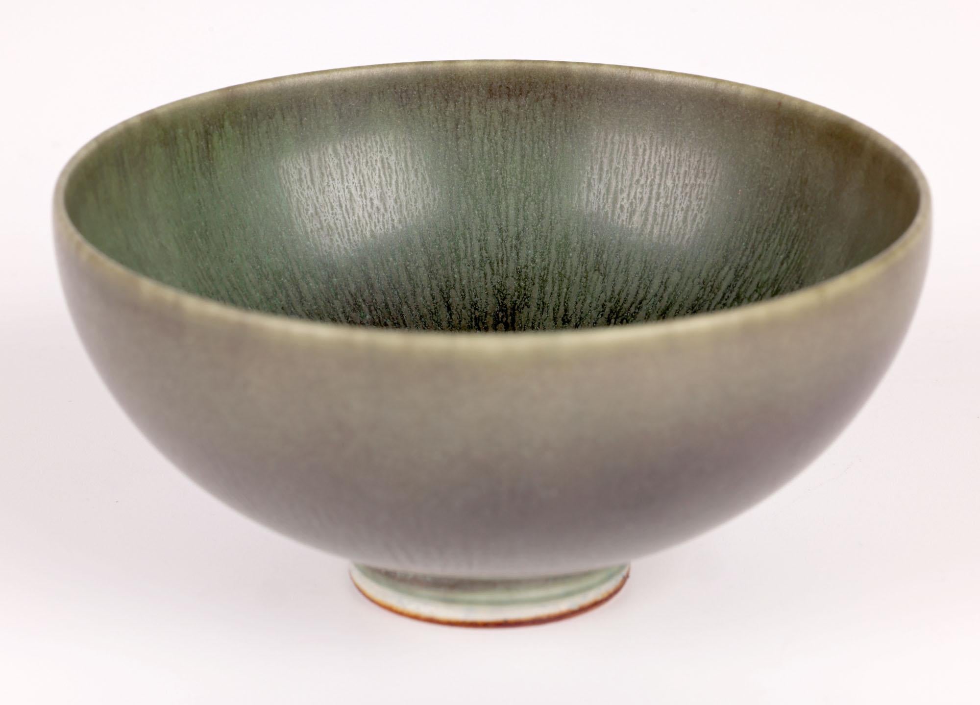 Berndt Friberg Gustavsberg Green Haresfur Glazed Studio Pottery Bowl For Sale 5