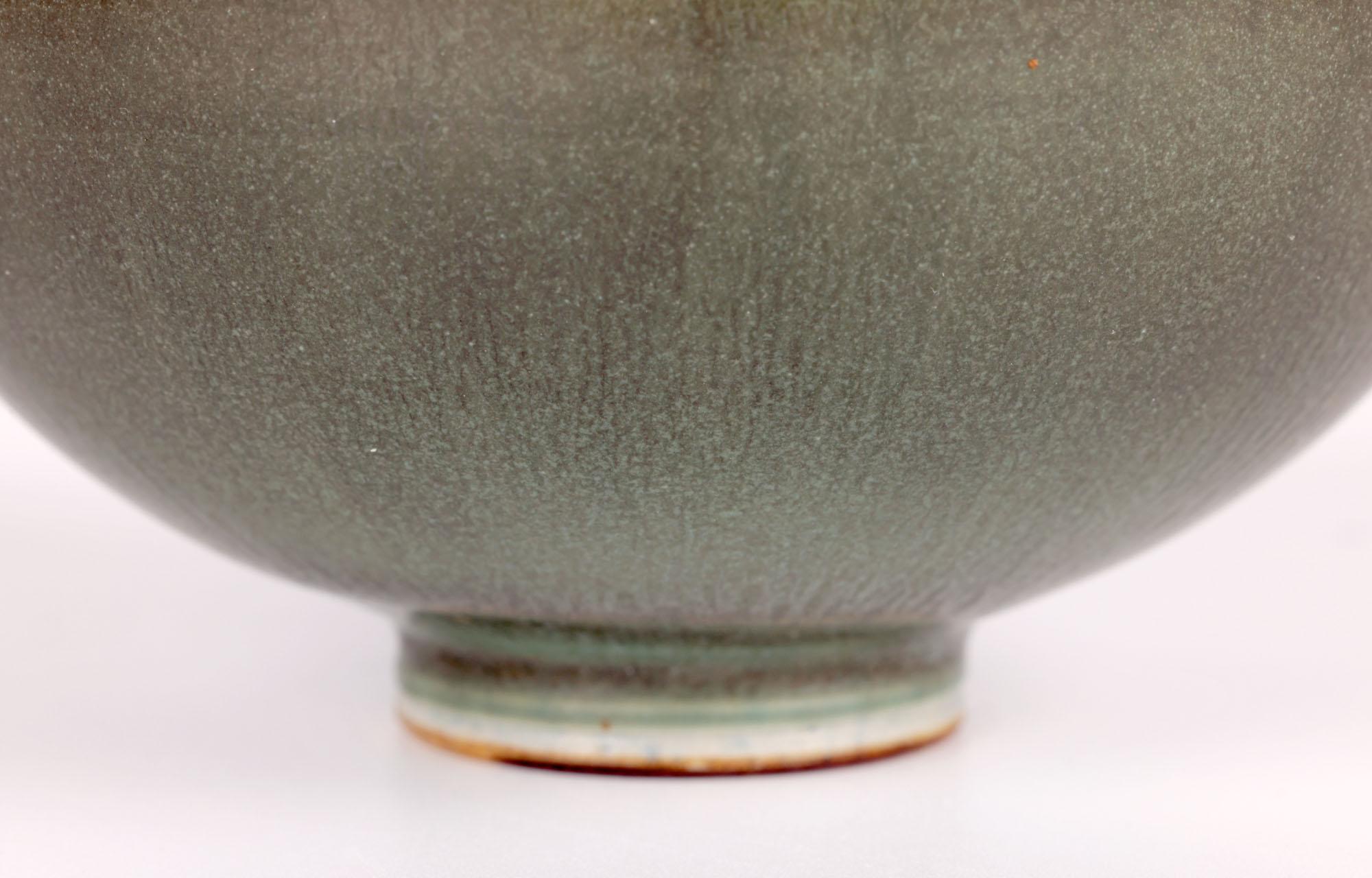 Swedish Berndt Friberg Gustavsberg Green Haresfur Glazed Studio Pottery Bowl For Sale