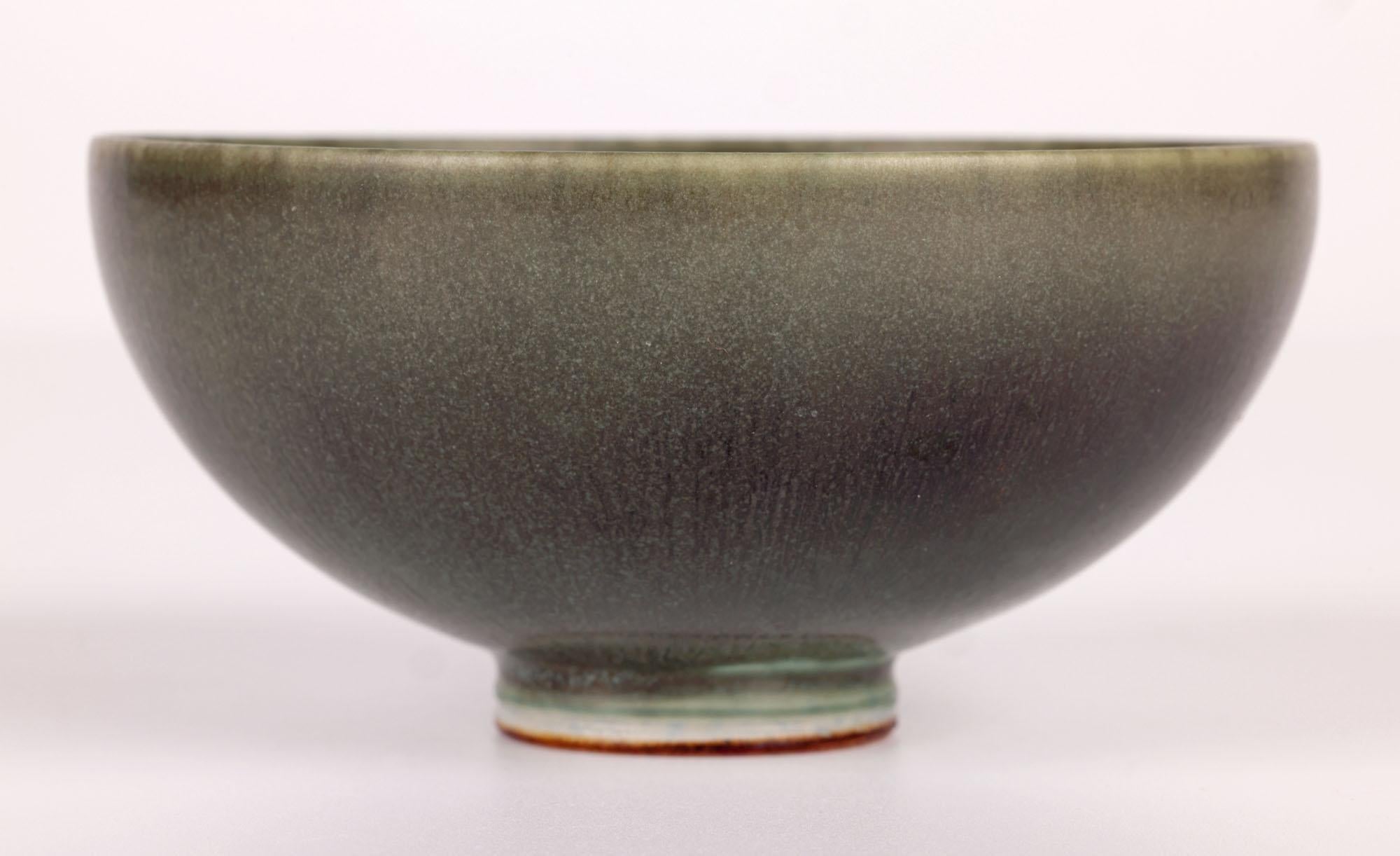 Anodized Berndt Friberg Gustavsberg Green Haresfur Glazed Studio Pottery Bowl For Sale