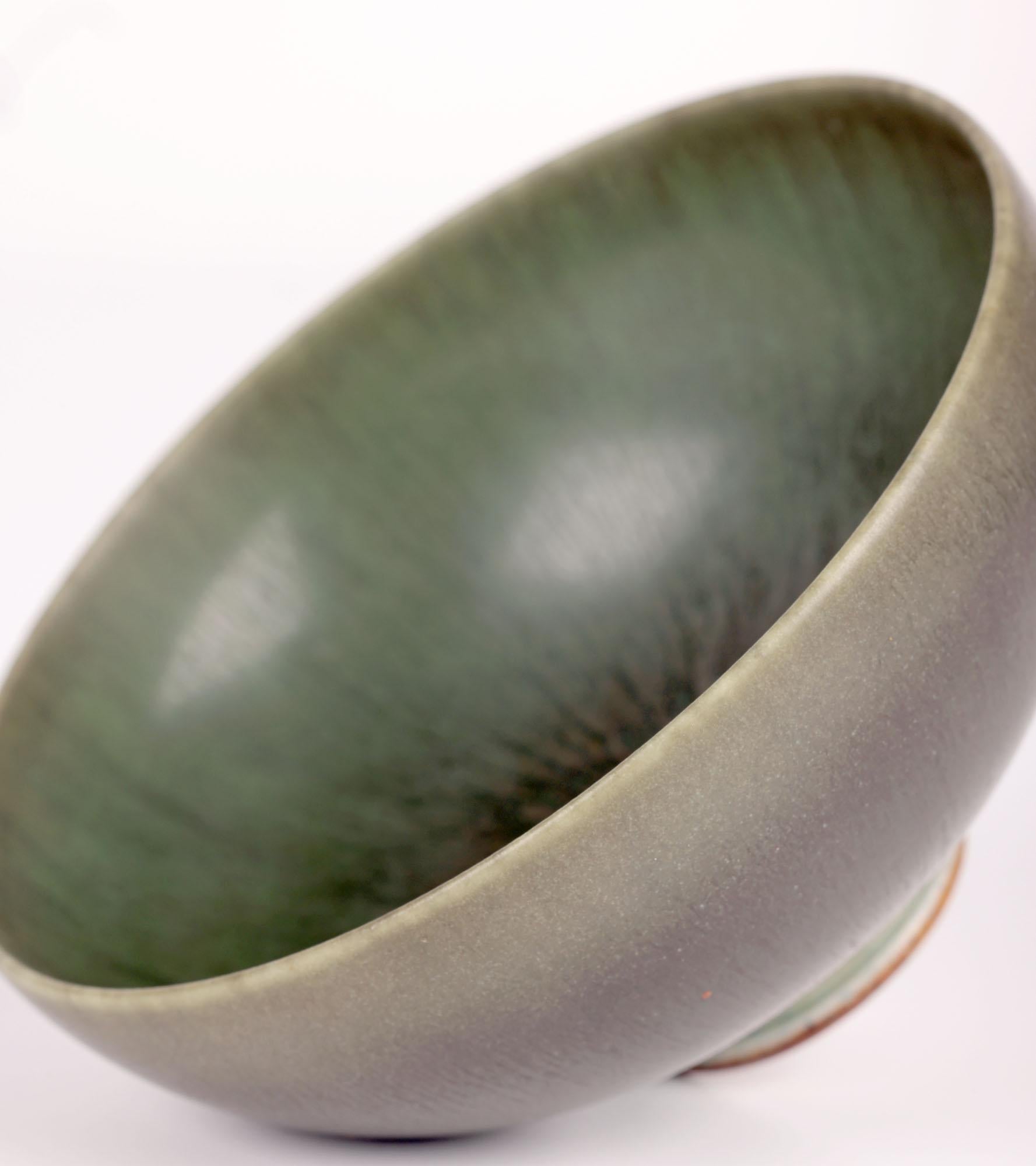 Ceramic Berndt Friberg Gustavsberg Green Haresfur Glazed Studio Pottery Bowl For Sale
