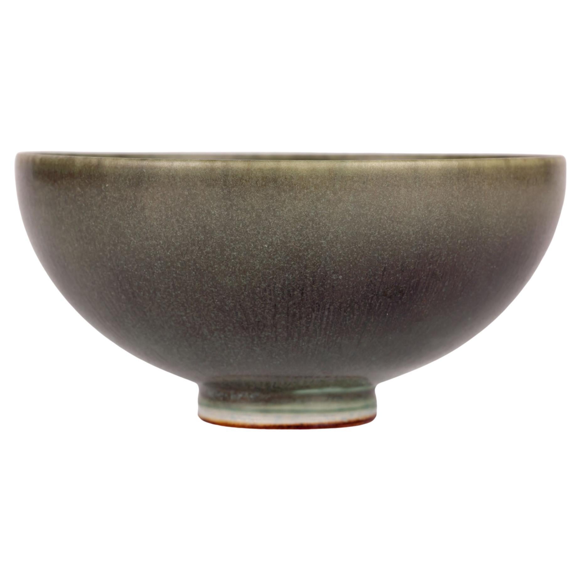Berndt Friberg Gustavsberg Green Haresfur Glazed Studio Pottery Bowl For Sale