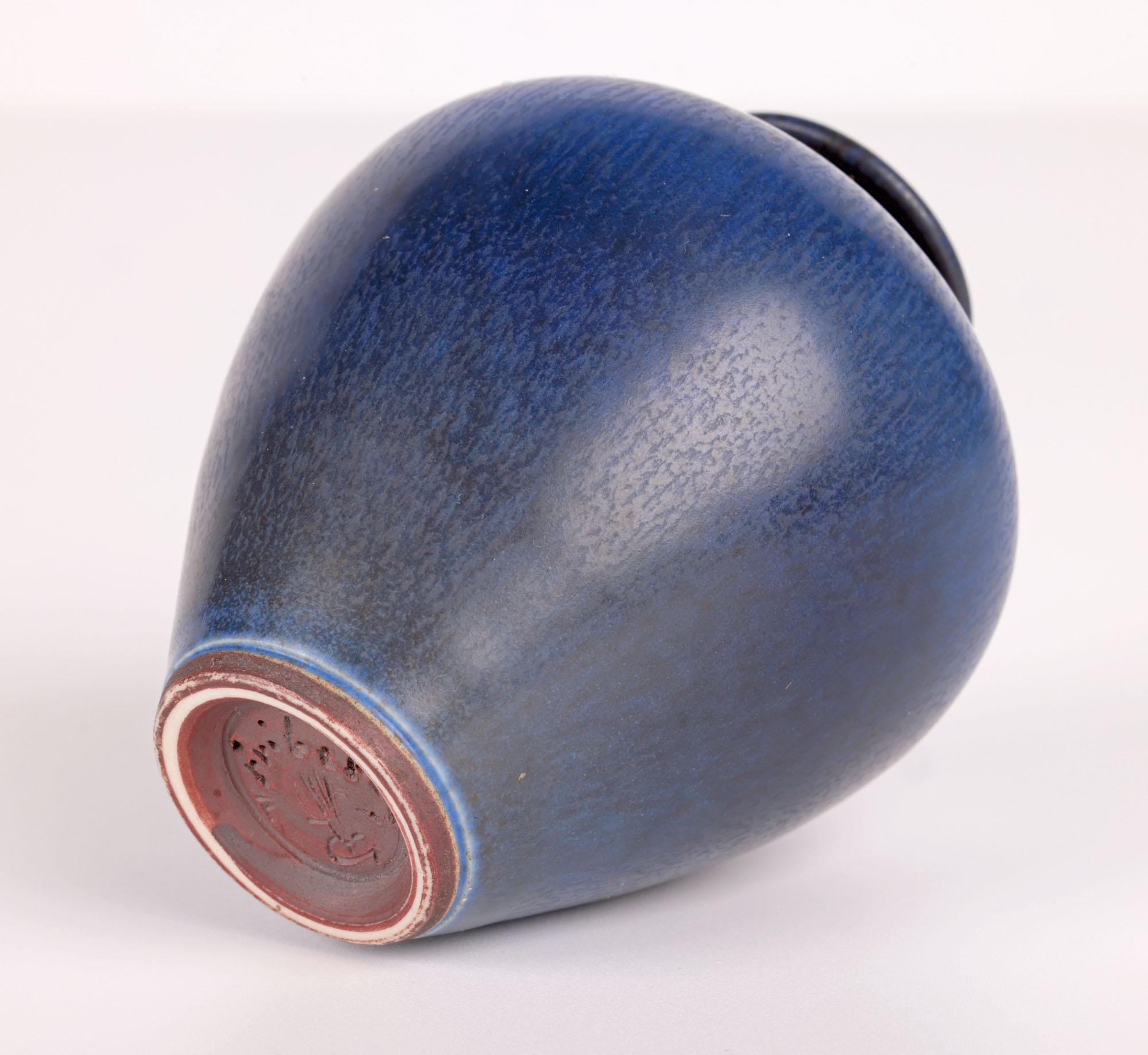 Berndt Friberg Gustavsberg Miniature Blue Haresfur Studio Pottery Vase For Sale 3