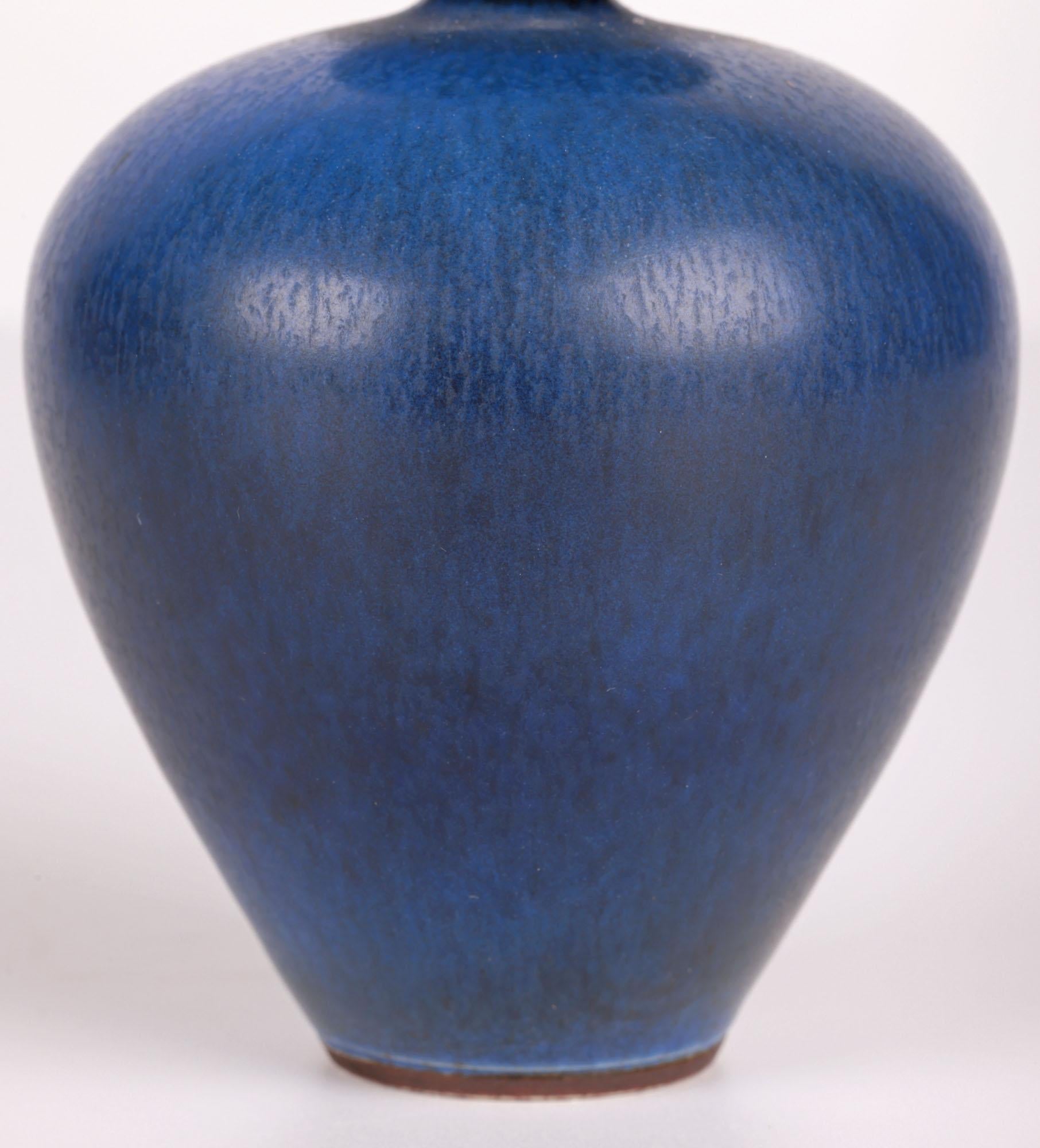 Mid-Century Modern Berndt Friberg Gustavsberg Miniature Blue Haresfur Studio Pottery Vase For Sale