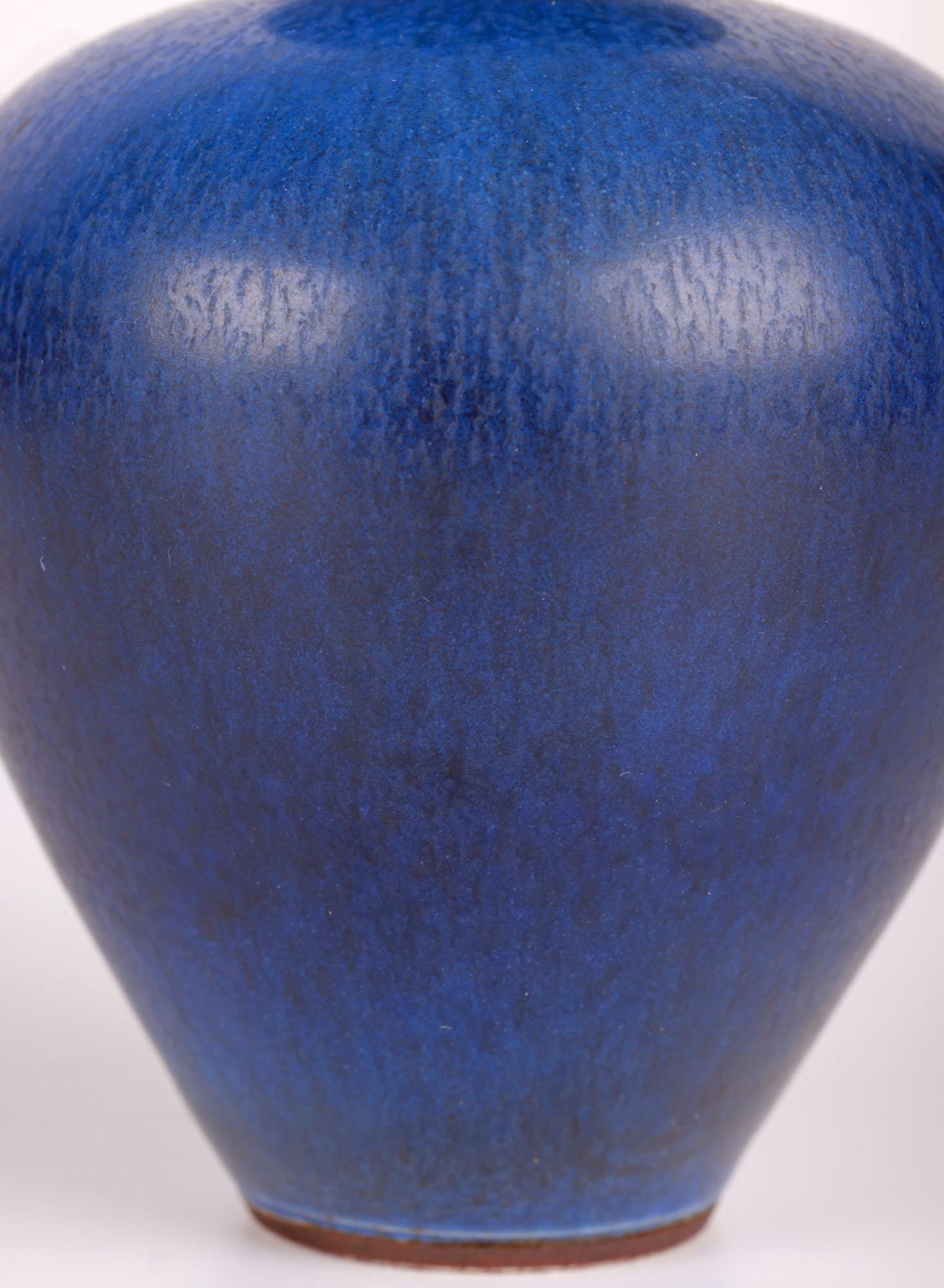 Swedish Berndt Friberg Gustavsberg Miniature Blue Haresfur Studio Pottery Vase For Sale