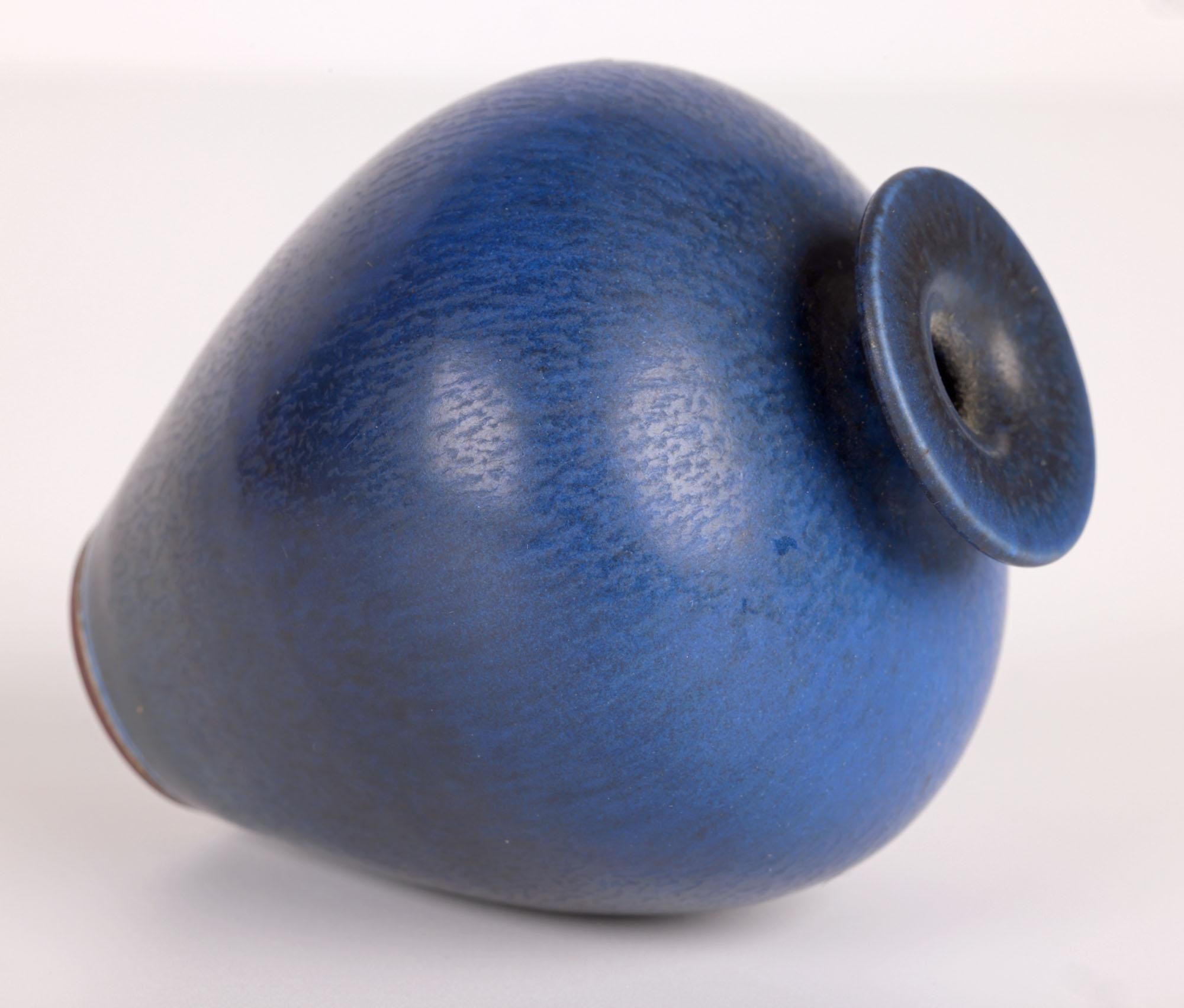 Hand-Crafted Berndt Friberg Gustavsberg Miniature Blue Haresfur Studio Pottery Vase For Sale