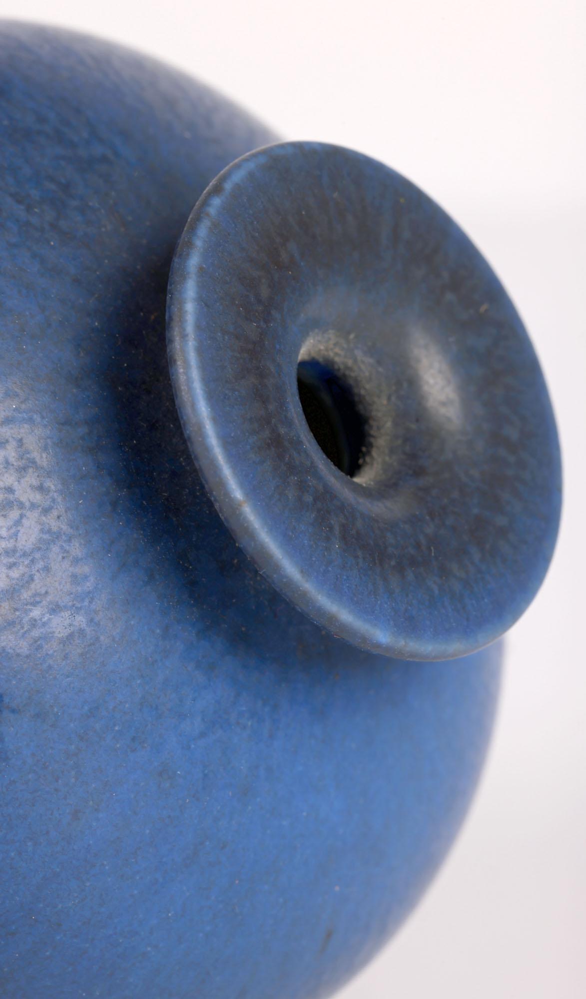 Ceramic Berndt Friberg Gustavsberg Miniature Blue Haresfur Studio Pottery Vase For Sale