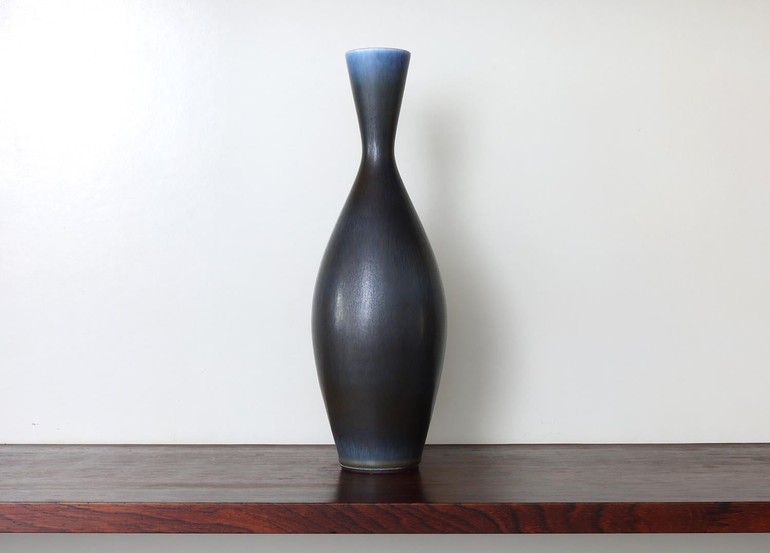 Berndt Friberg, Large stoneware vase with dark brown and pale blue haresfur glaze, Gustavsberg , Sweden 1962  Impressed 