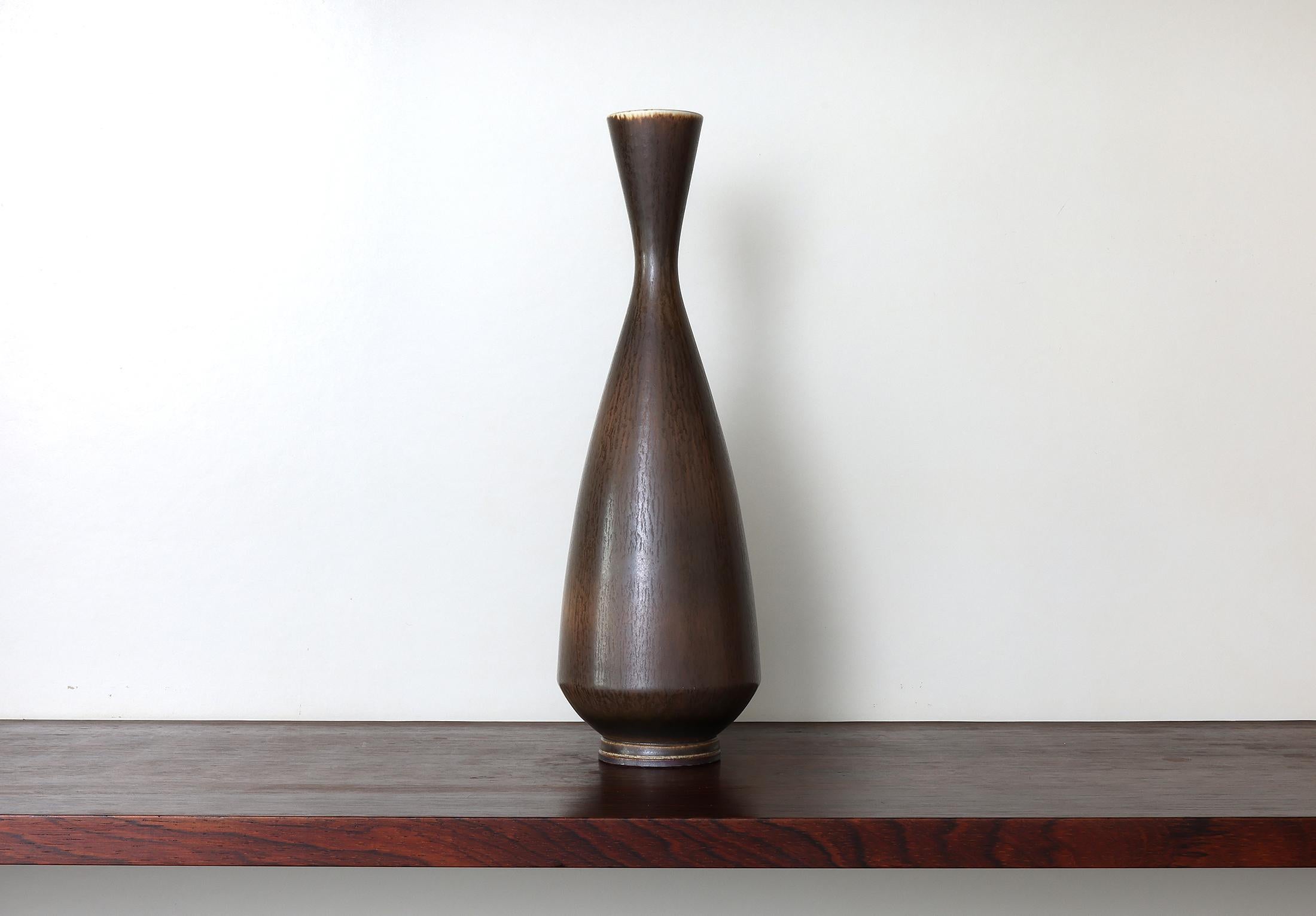 Berndt Friberg, Large stoneware vase with dark brown haresfur glaze, Gustavsberg , Sweden 1963  Impressed 