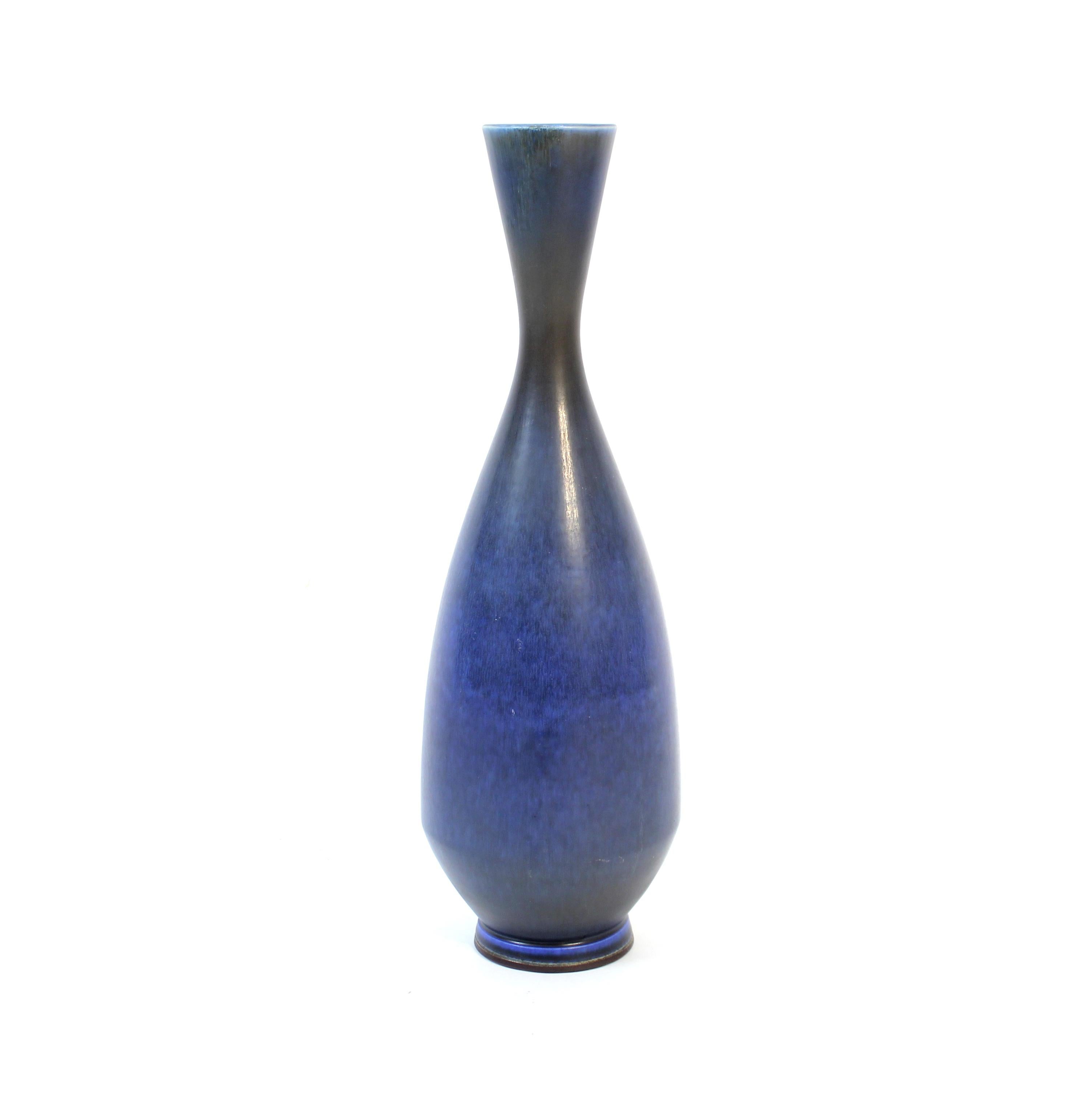 Large blue vase with hare fur glaze designed by Berndt Friberg for Gustavsberg studios in the 1950s. Impressive size and much larger than most Friberg vases. The vase has been restored by the top Swedish ceramic restore and is now in a very good