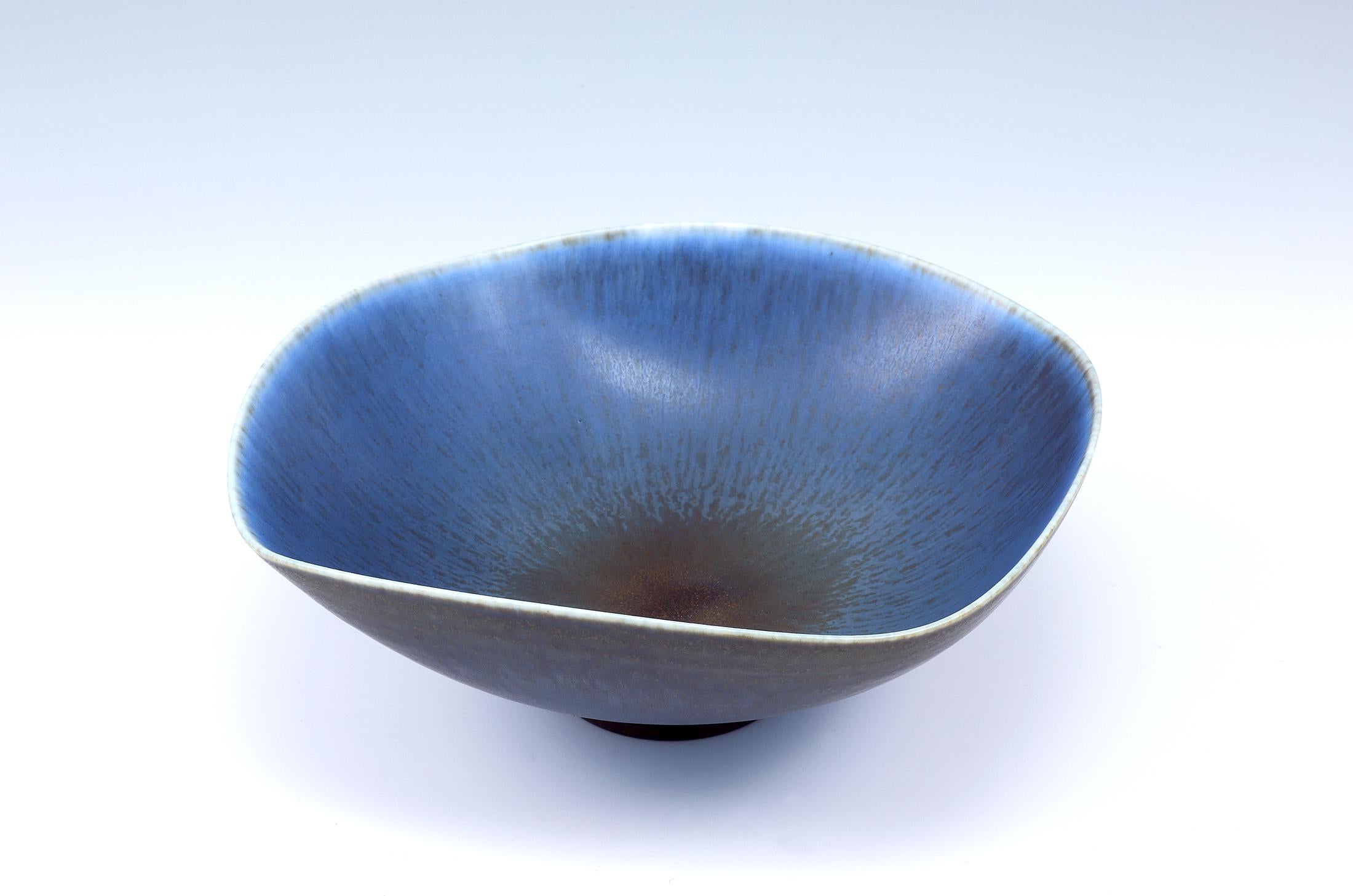 Berndt Friberg, Stoneware Bowl with pale blue and black haresfur glaze, Gustavsberg, Sweden 1962 Impressed 