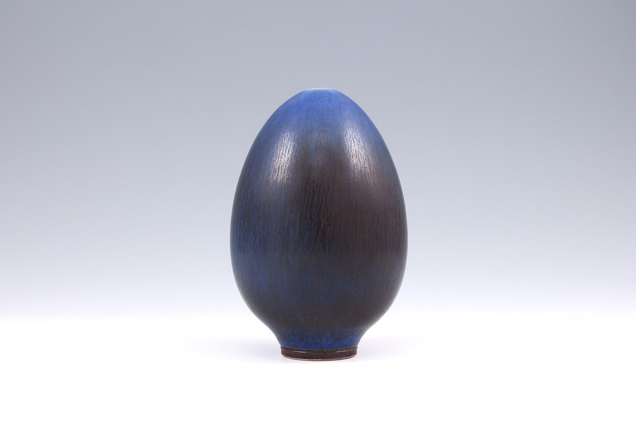 Glazed Berndt Friberg, Stoneware Blue egg Vase, Gustavsberg, Sweden, 1960
