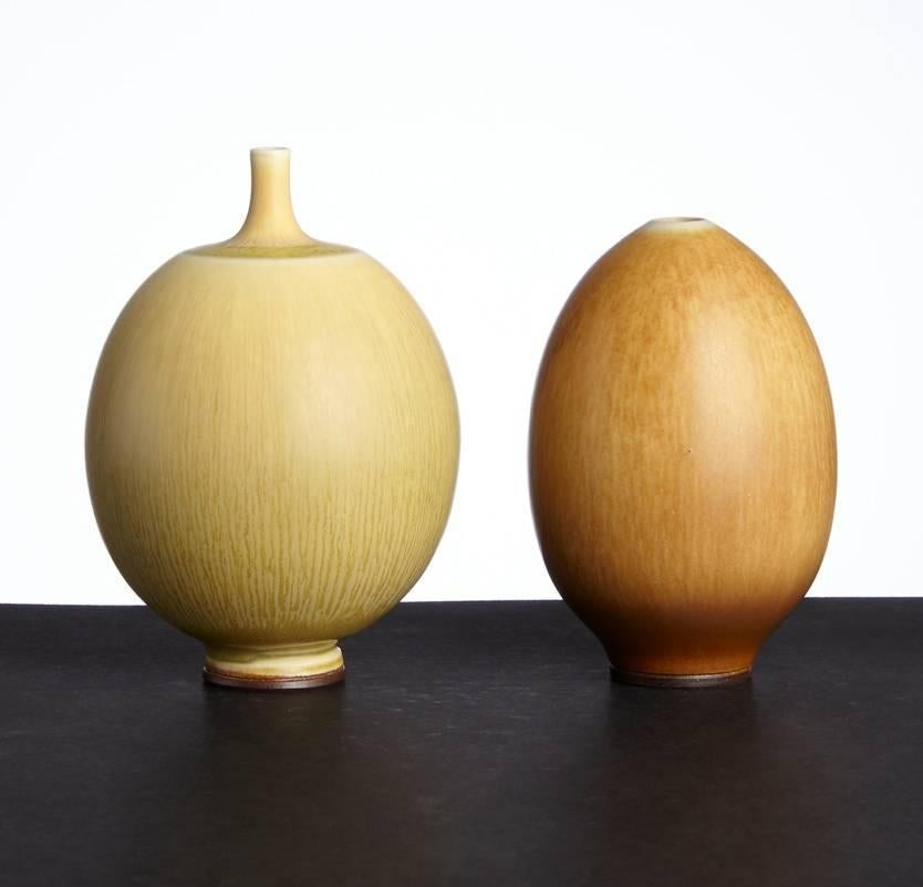 Four Berndt Friberg harefur glaze vases, Gustavsberg 1958, 1968 and two pieces 1969, stoneware, light brown and yellow, signed Friberg Gustavsberg's studio Ö, J and K, height 9-15 cm. Can be combined with larger pieces in beige and browns.