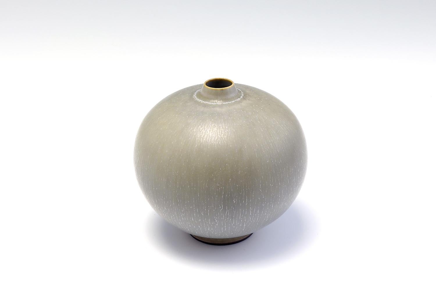 Berndt Friberg, Stoneware Small Vase with Celadon Haresfur Glaze, Gustavsberg, Sweden 1956 Impressed 