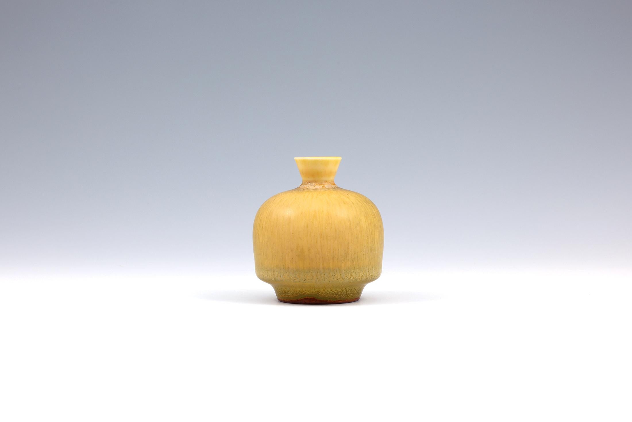 Swedish Berndt Friberg, Stoneware Yellow Small Vase, Gustavsberg, Sweden, 1968 For Sale