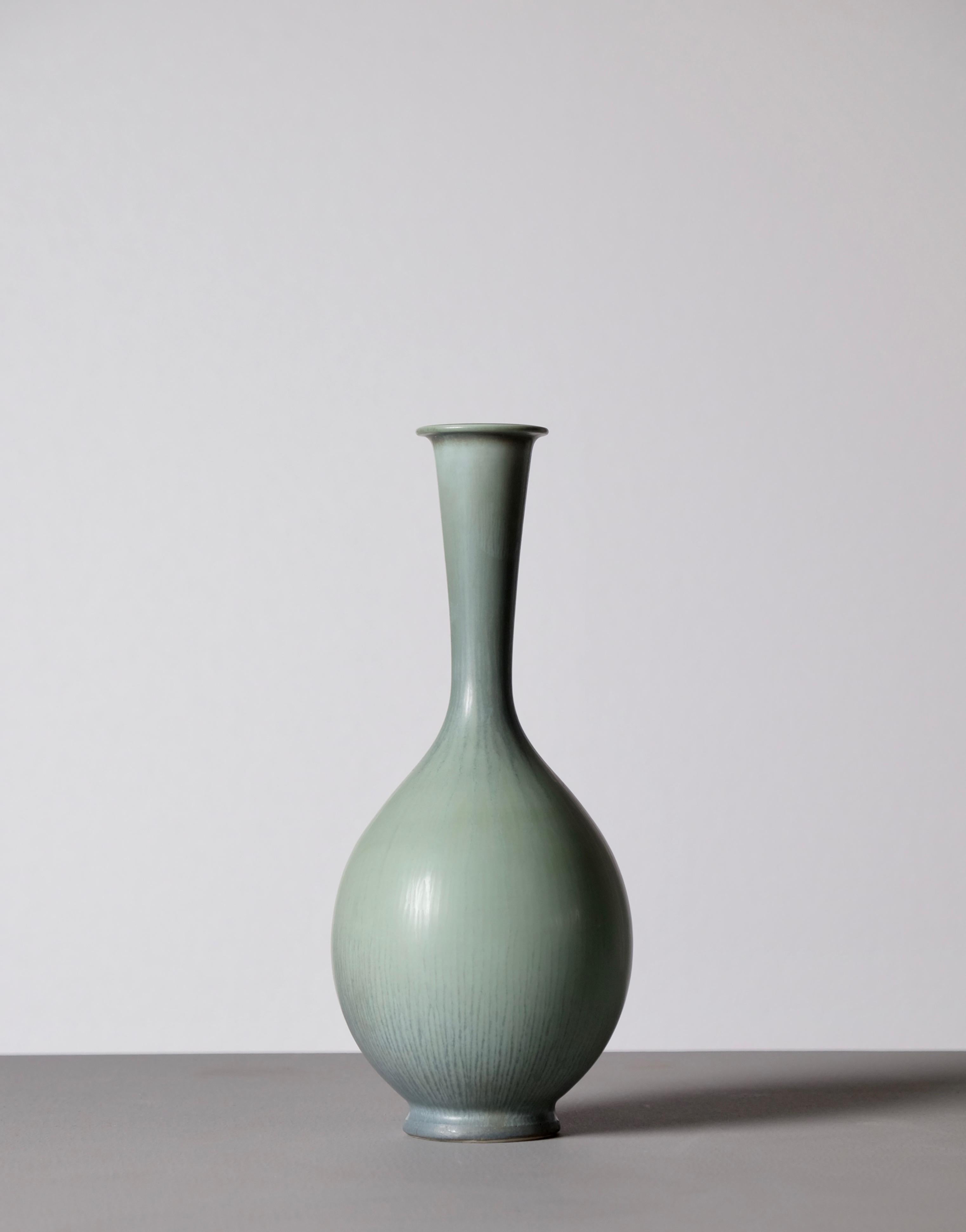 Unique, handmade. Stamped. Produced by Gustavsberg, Sweden.
Fantastic glaze in blue/green tones.
Measures: Height 22 cm.