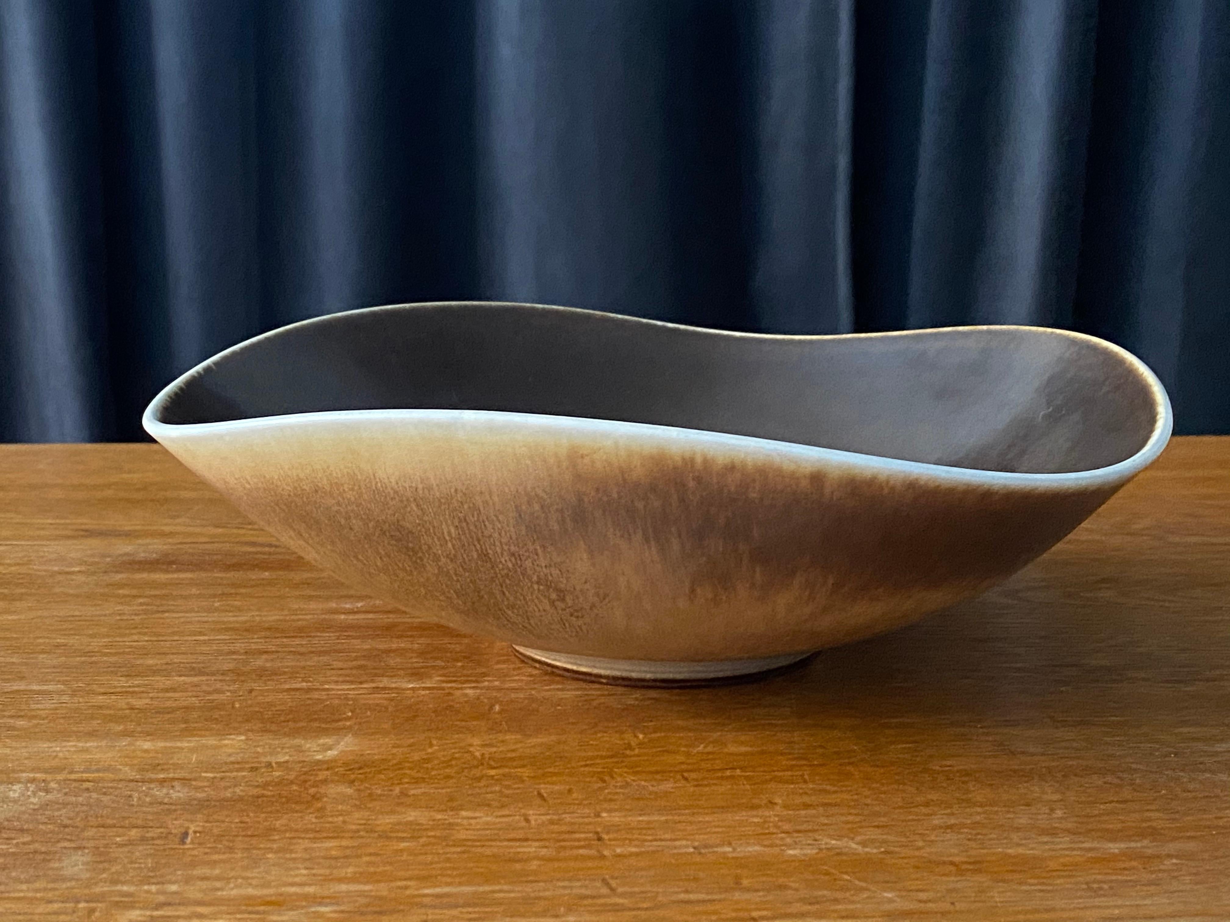 Mid-Century Modern Berndt Friberg Vase, Organic Bowl, Brown Glazed Stoneware, Gustavsberg, 1970s