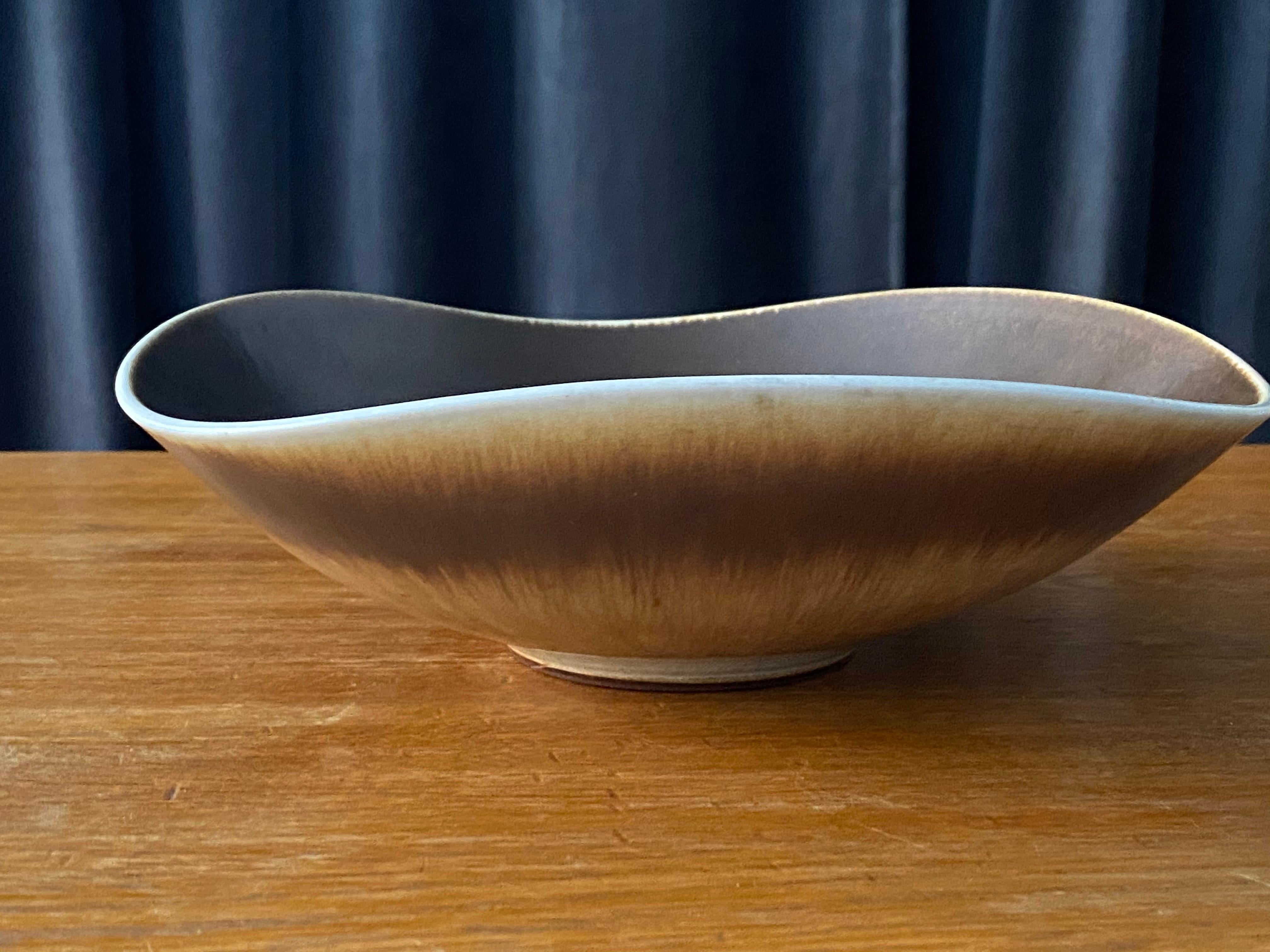 Swedish Berndt Friberg Vase, Organic Bowl, Brown Glazed Stoneware, Gustavsberg, 1970s