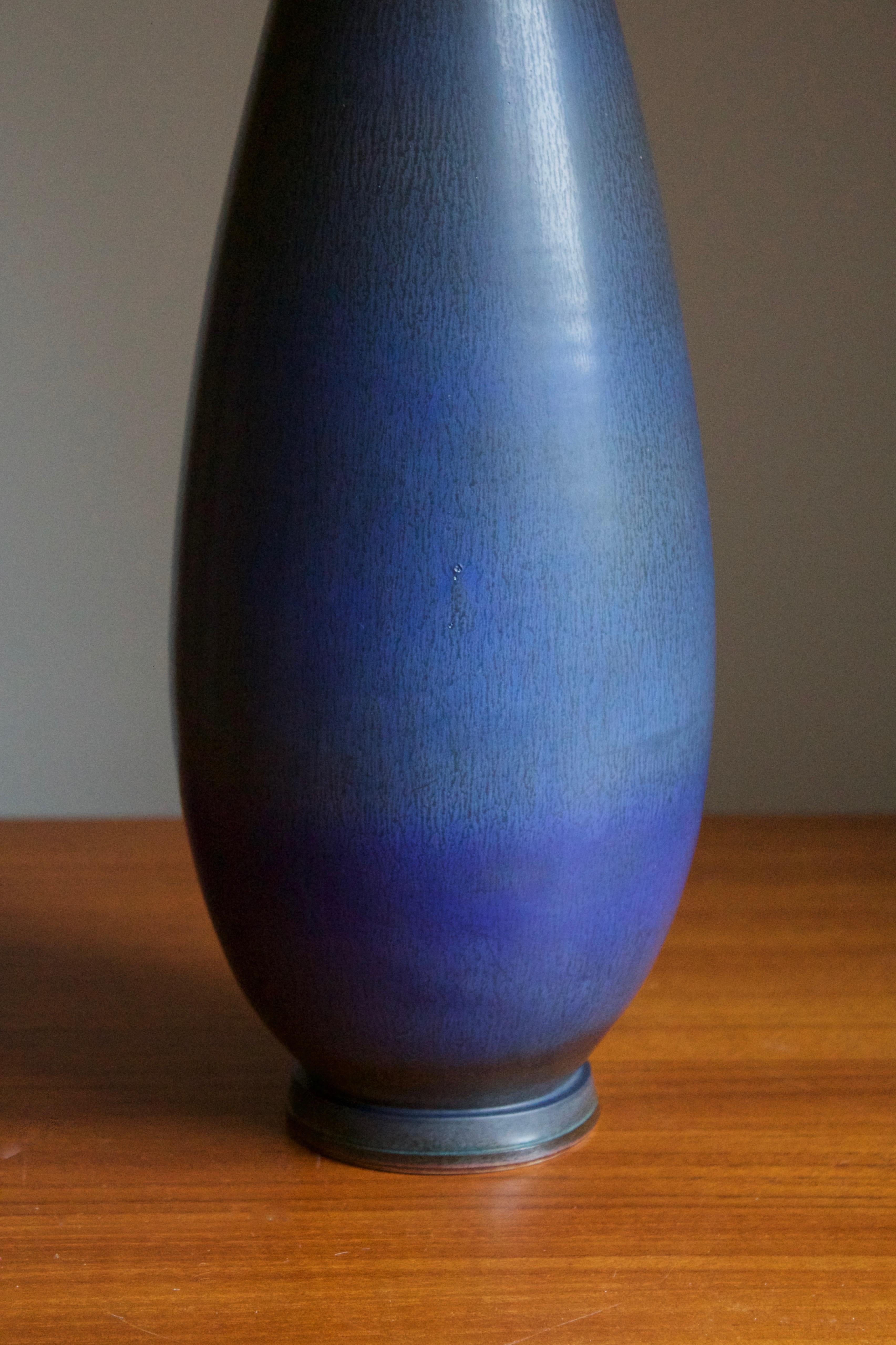 Swedish Berndt Friberg, Very Large Vase, Blue-Glazed Stoneware, Gustavsberg, 1960s For Sale