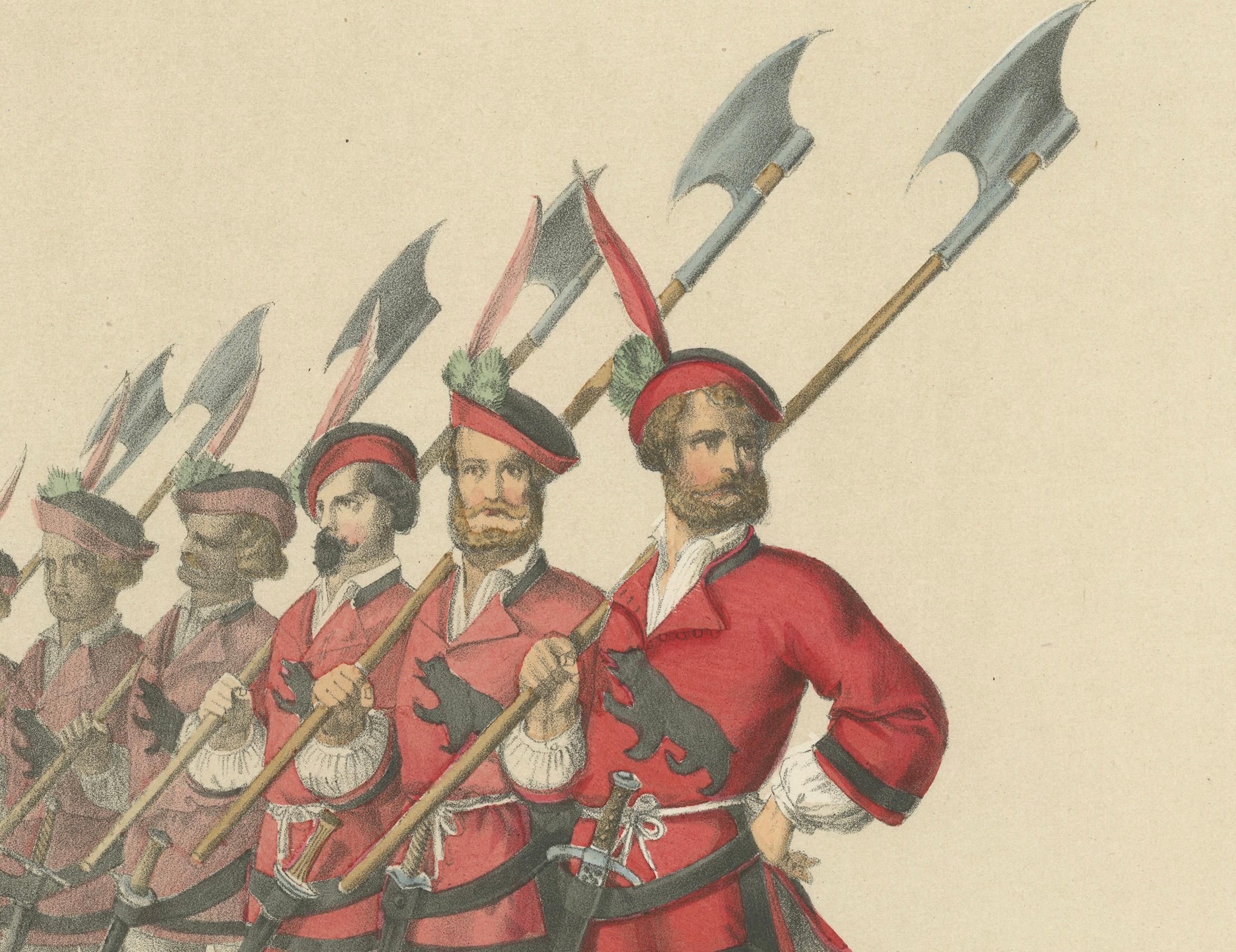Berner Bannerträger führt Hellebardiere beim Festumzug der Schweizerischen Eidgenossenschaft an  

Diese wunderschöne handkolorierte Lithographie stammt aus dem Festalbum zum Eintritt Berns in die Eidgenossenschaft am 6. März 1353, einer aufwendigen