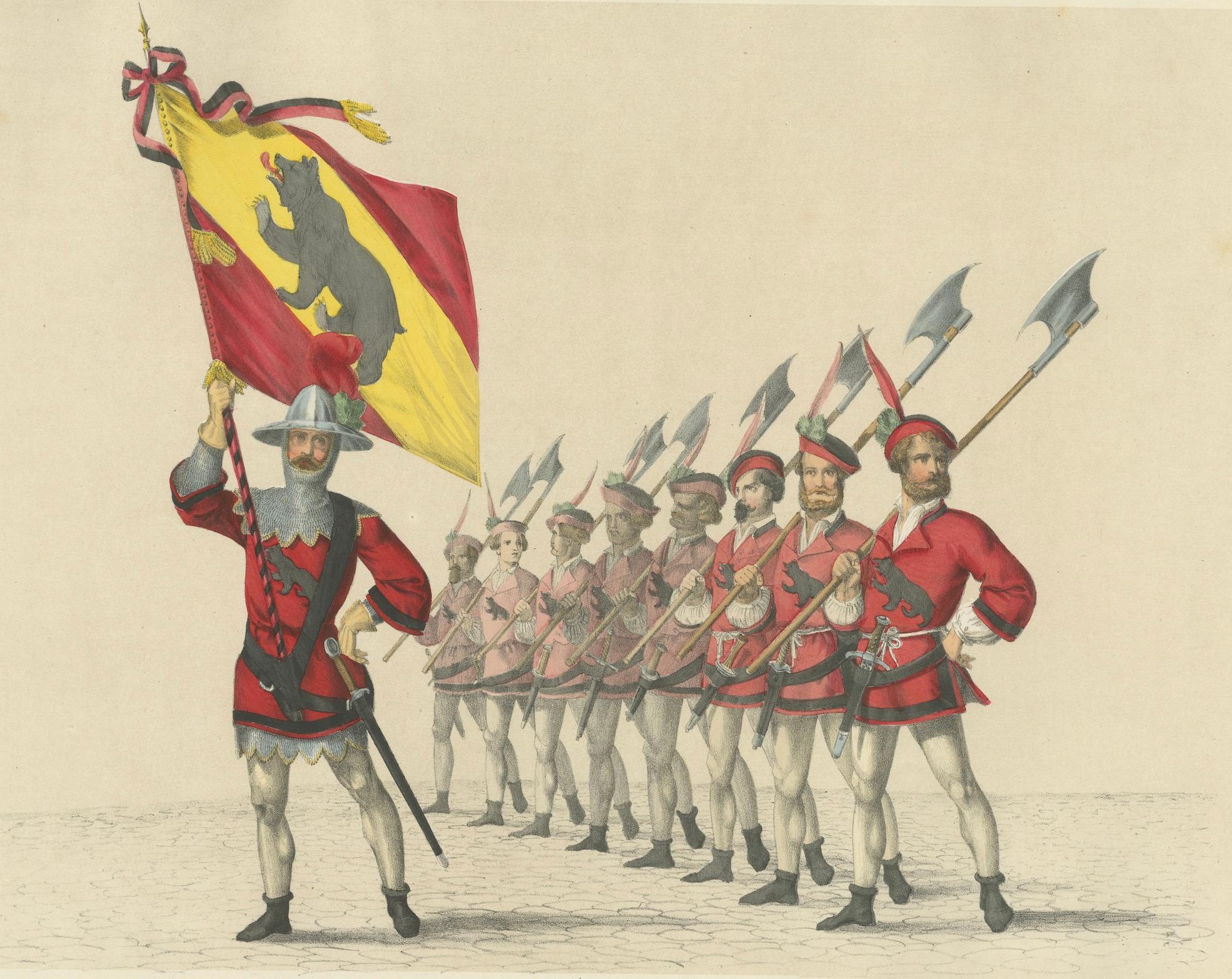 Bernese Banner Carrier Leading Halberdiers in der Schweizer Konföderation, Seiteneinrichtung 1855 (Mittleres 19. Jahrhundert) im Angebot
