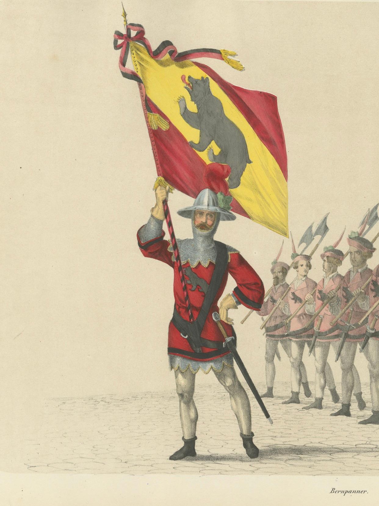Bernese Banner Carrier Leading Halberdiers in der Schweizer Konföderation, Seiteneinrichtung 1855 (Papier) im Angebot