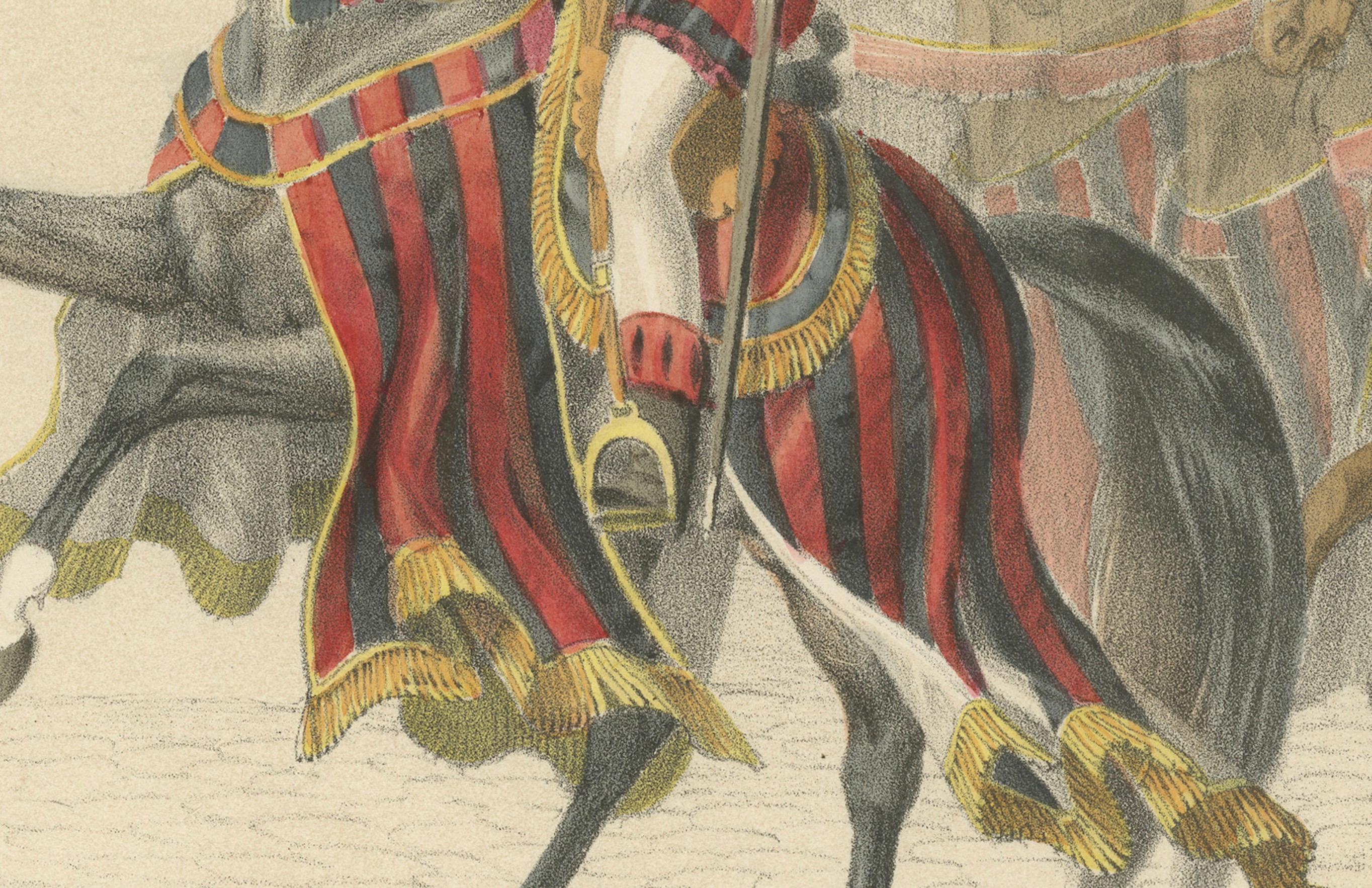  Berner Elite - Die Flamberge-Garde und die Grosse Kavalkade  

Diese aussergewöhnliche handkolorierte Lithografie, Teil des 1855 zum Gedenken an den Beitritt Berns zur Eidgenossenschaft im Jahr 1353 veröffentlichten *Festalbums*, fängt die Pracht