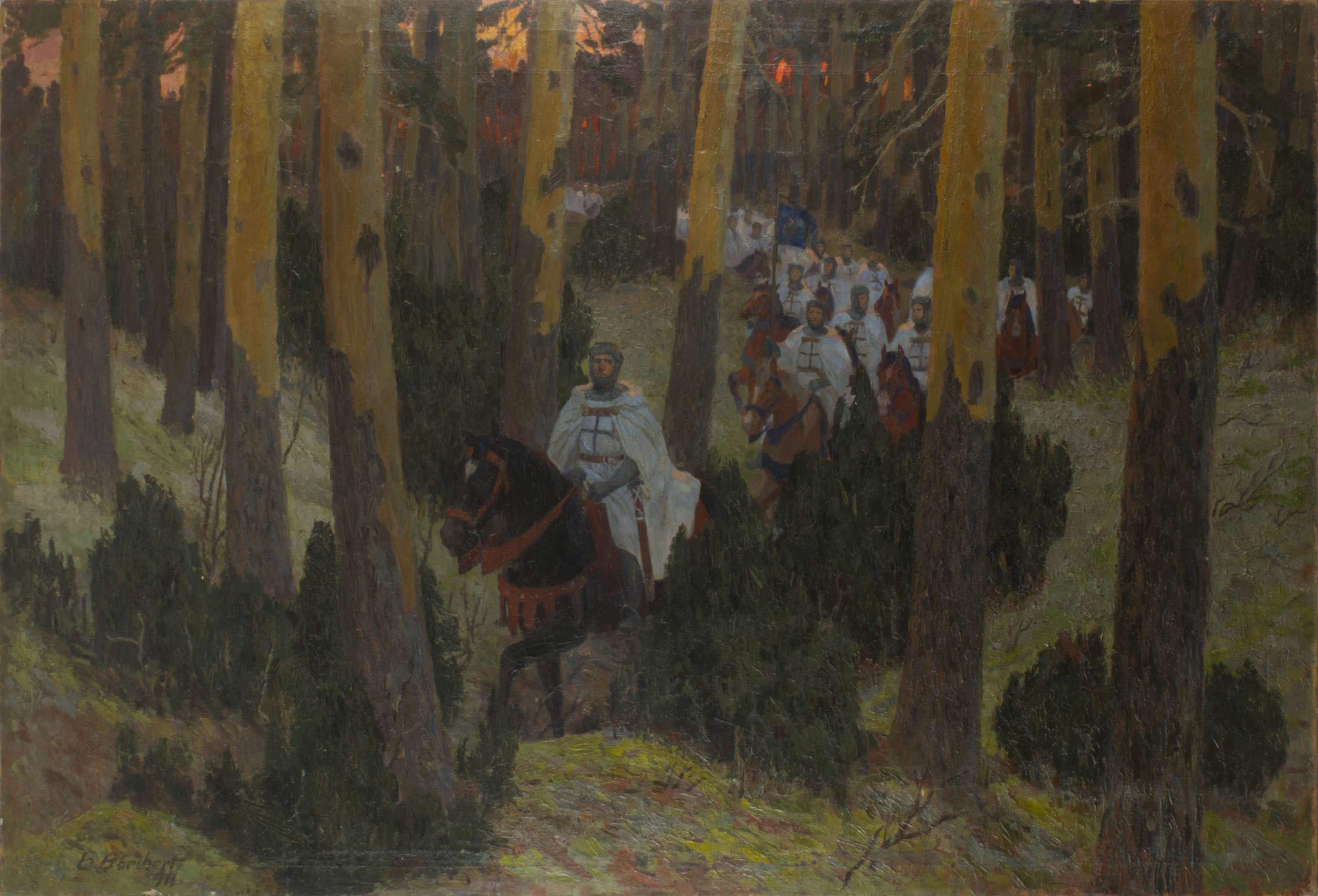 Bernhard Borchert Figurative Painting - Knights of the Livonian Order. 1911. Oil on canvas. 144x215 cm.