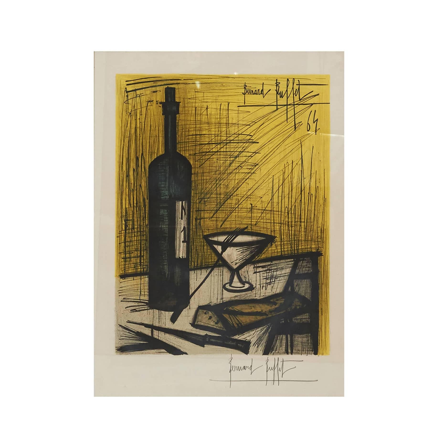 Bernard Buffet 1928-1999.
French lithograph: Nature morte à la bouteille (Still-Life with Bottle). Signed Bernard Buffet. 64.

Framed in a Mogens Koch Oregon pine frame made by Rud. Rasmussen Cabinetmakers with paper label.

Measurement (cm)