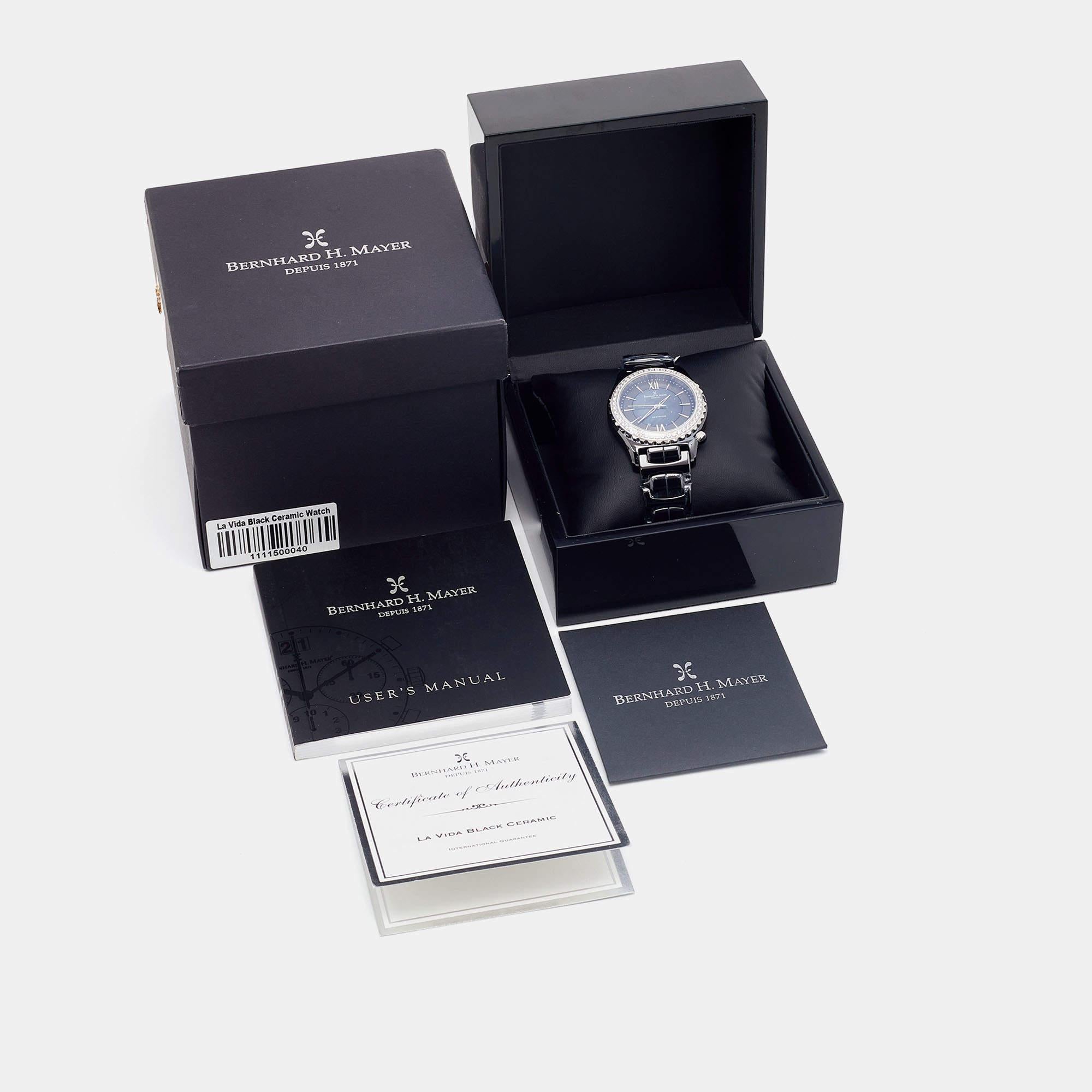Bernhard H. Mayer Schwarze Perlmutt-Armbanduhr aus Keramik für Damen 38 mm 1