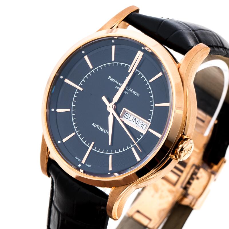 Men's Bernhard H Mayer Black Rose Gold PVD Plated Stainless Steel Wristwatch 42MM