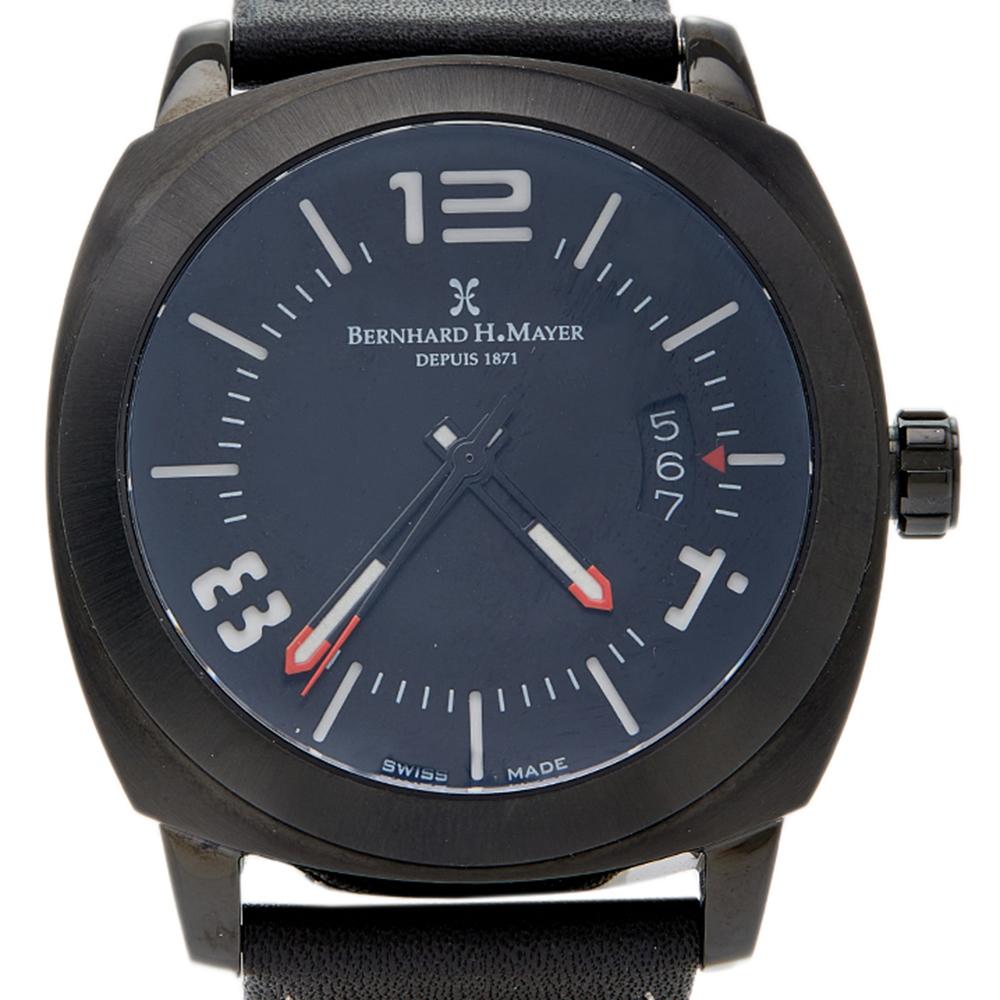 Bernhard H Mayer brings you this luxe wristwatch that will not only tell the accurate time but also sit perfectly on your wrist. Swiss-made, it has a black PVD-coated stainless steel case that is held by a leather bracelet. The watch has a fixed