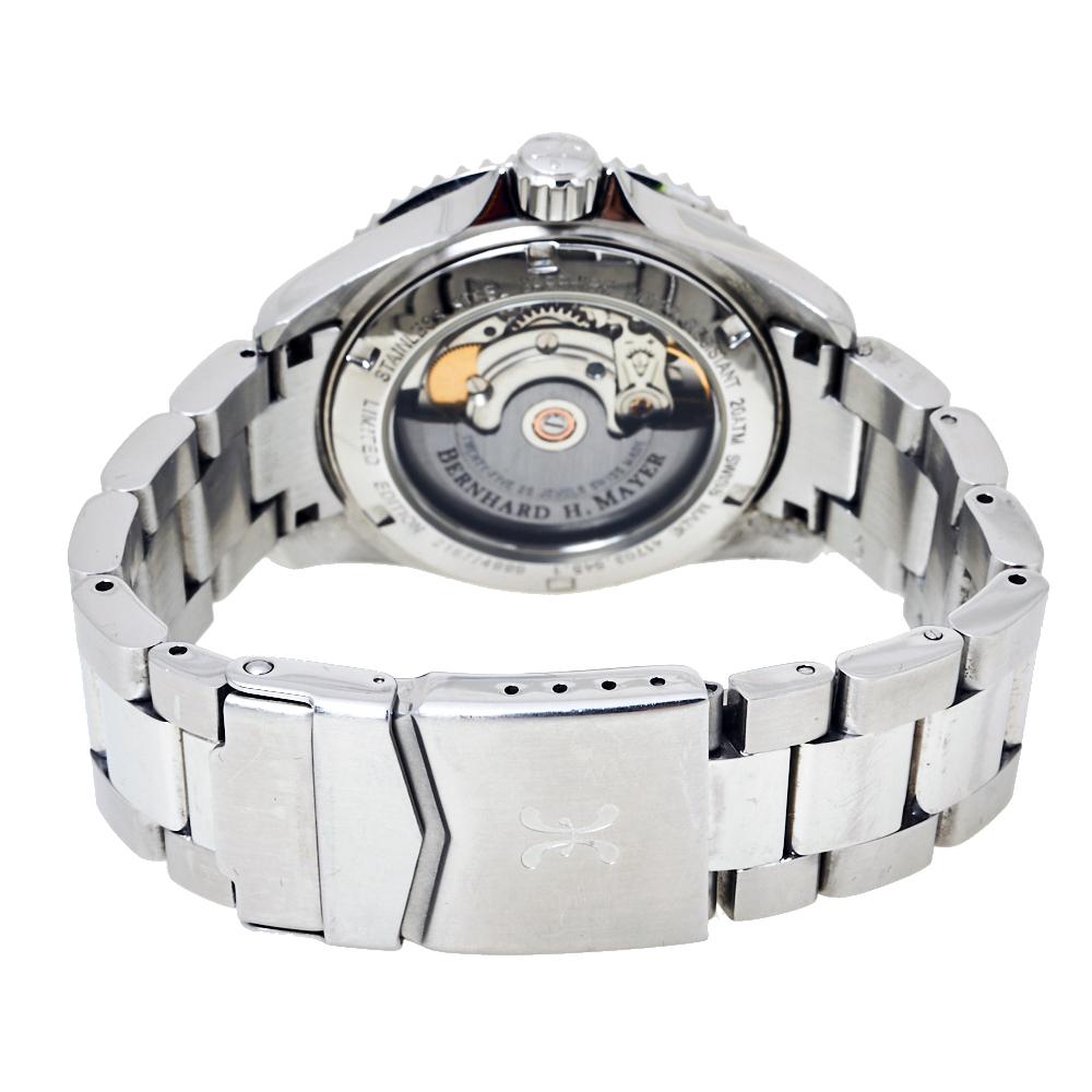 A sporty and smart timepiece to add to your collection, this Bernhard H. Mayer Nauticus watch will work perfectly fine underwater up to 200m. The chic and classic stainless steel bracelet gives a hard to miss contrast to the black steel bezel with
