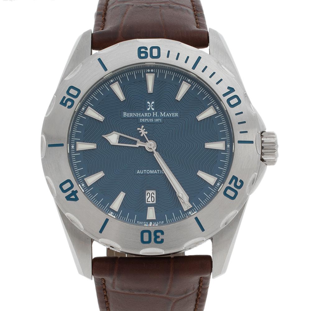 Bernhard H. Mayer Montre-bracelet pour homme Ballad en acier inoxydable bleu et cuir 44 mm Excellent état à Dubai, Al Qouz 2