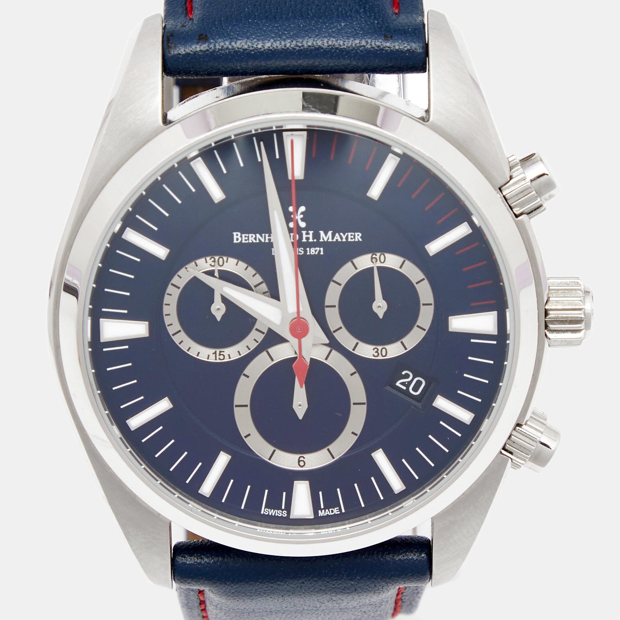 Designed for those who live to make every day count, and love to experience the thrill and sheer pleasure of life, Bernhard H. Mayer offers this Ascent Chronograph watch. It has a stainless steel case held by leather straps, perfect with a casual
