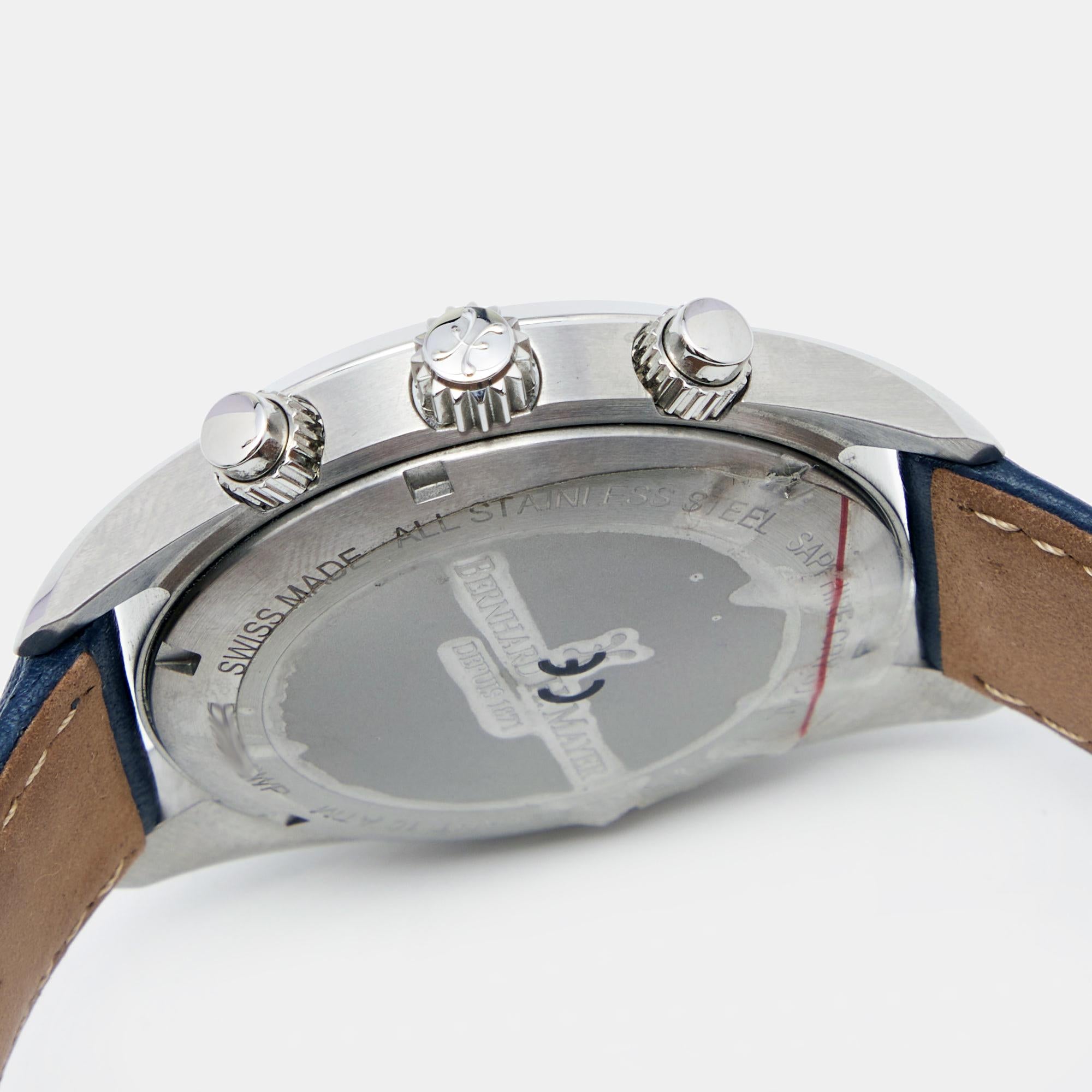 Bernhard H. Mayer Blaue Edelstahl-Leder-Chronograph Herrenarmbanduhr 44mm (Zeitgenössisch)