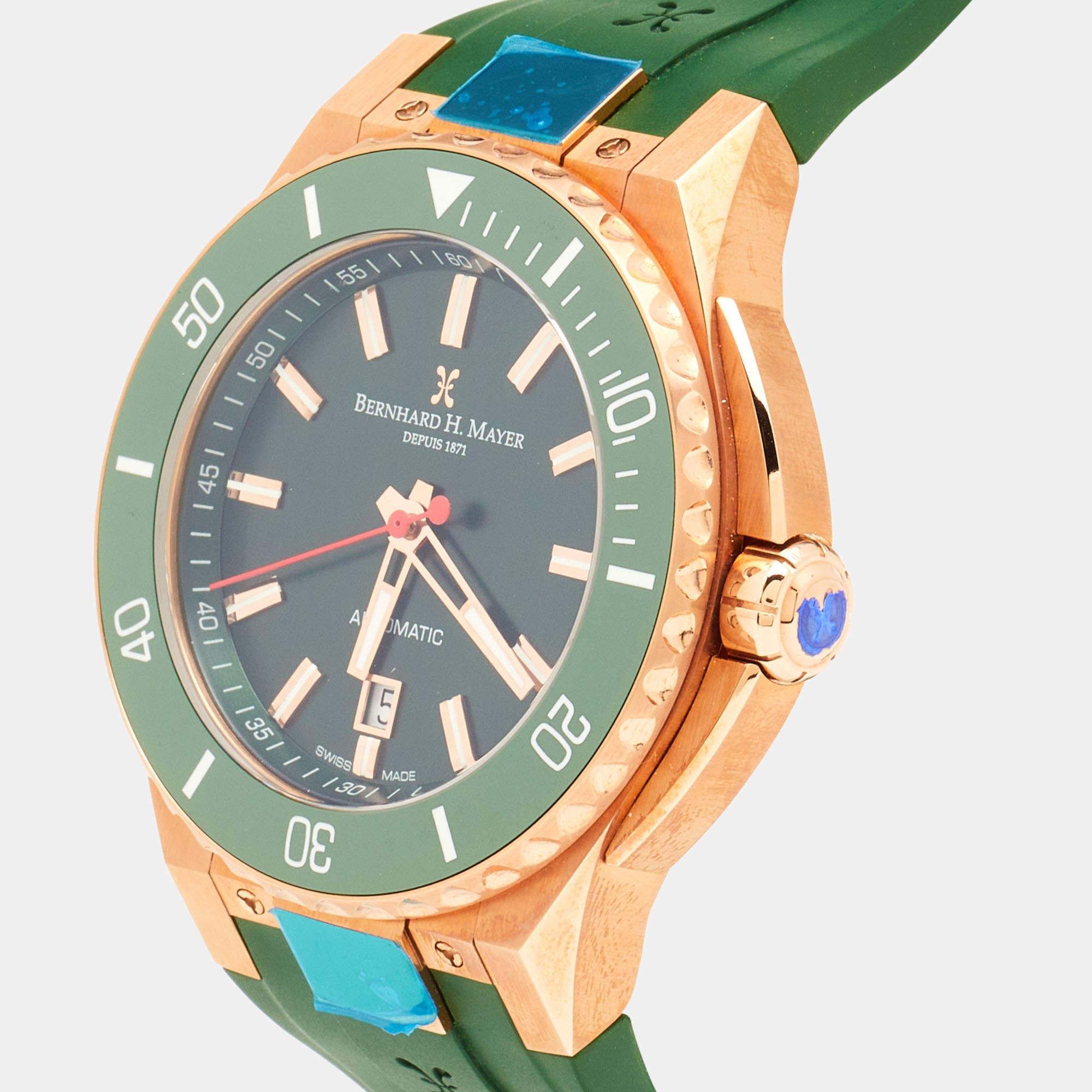 Men's Bernhard H. Mayer Green Ceramic Rose Gold PVD Plated Stainless Steel Rubber Limi
