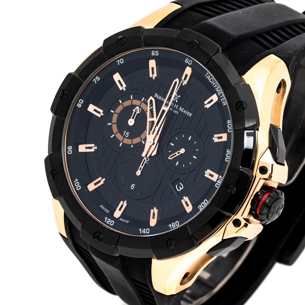 Wear luxury on your wrist by owning this Victor Chronograph wristwatch from Bernhard H. Mayer. Swiss made and created from black PVD coated and rose gold-plated stainless steel, this watch is held by a rubber bracelet. It follows a quartz movement