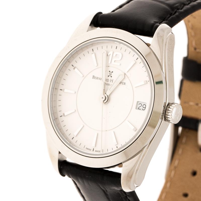 This watch from the house of Bernhard H. Mayer is cast in a stainless steel case with a diameter of 34mm. The white dial within the round case has three hands and lastly, the quartz watch is held by leather straps. It will make a great everyday