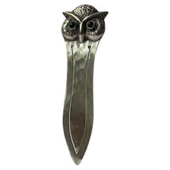 Bernhard Hertz - Antique Silver Bookmark - Owl with Green Eyes