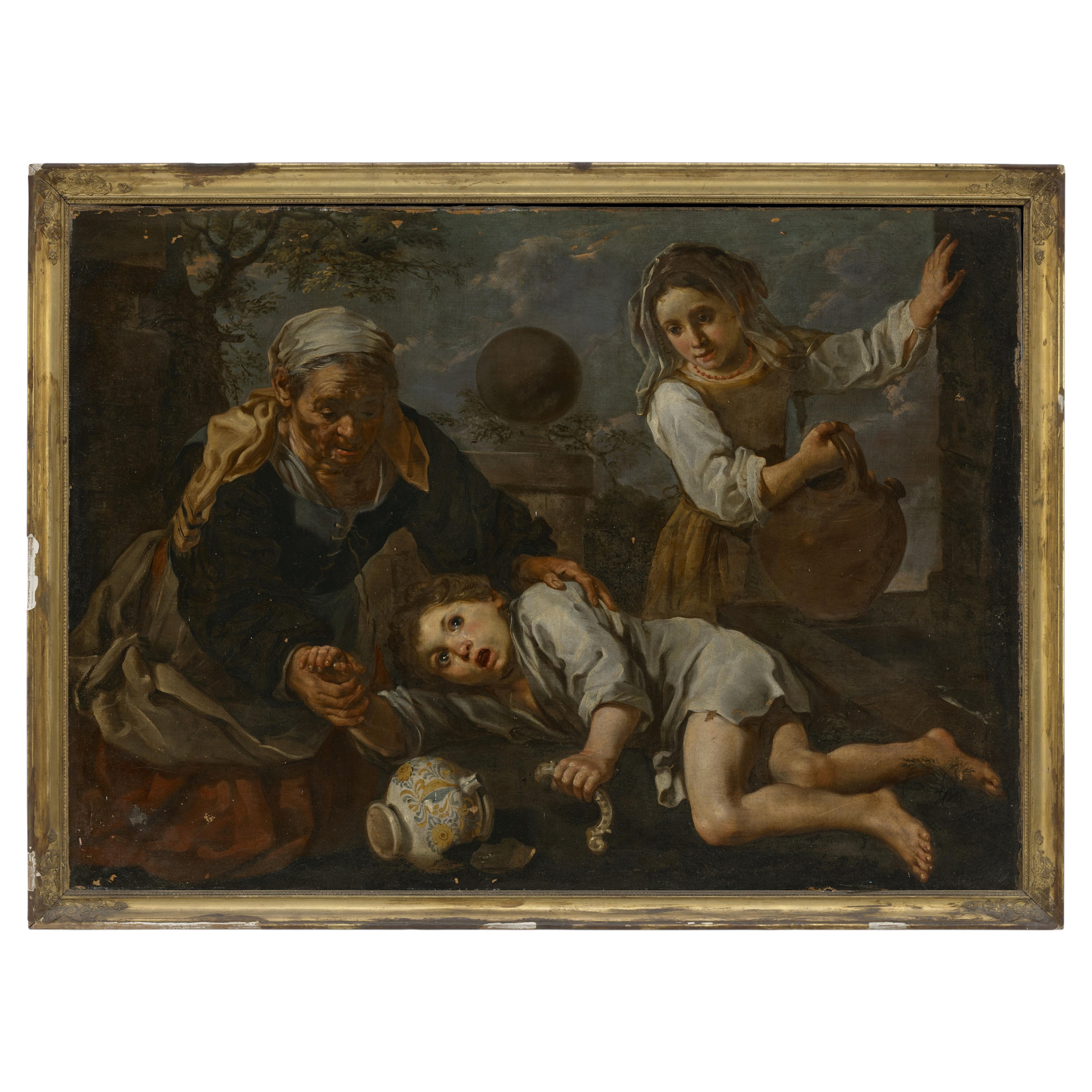 BERNHARD KEIL (1624-1687), The Broken Jug: Allegory of Touch, 17th Century For Sale