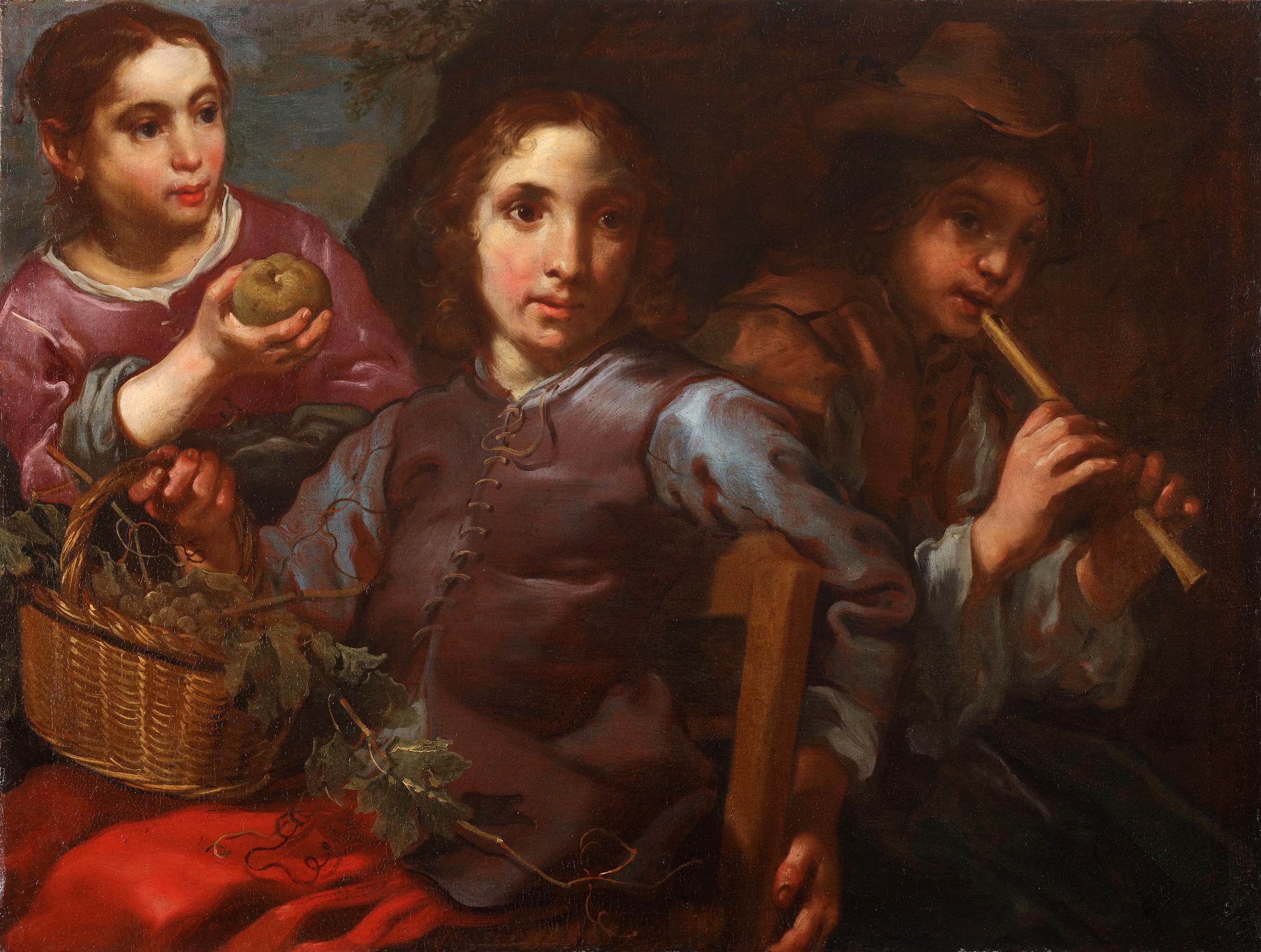 "Ein Porträt von drei Kindern, von denen eines einen Korb mit Weintrauben hält, während ein anderes Flöte spielt.

Öl auf Leinwand

Untergebracht in einem geschwärzten Rahmen aus dem 17. Jahrhundert.

Wir möchten uns bei Dr. Fred Meijer und Dr.