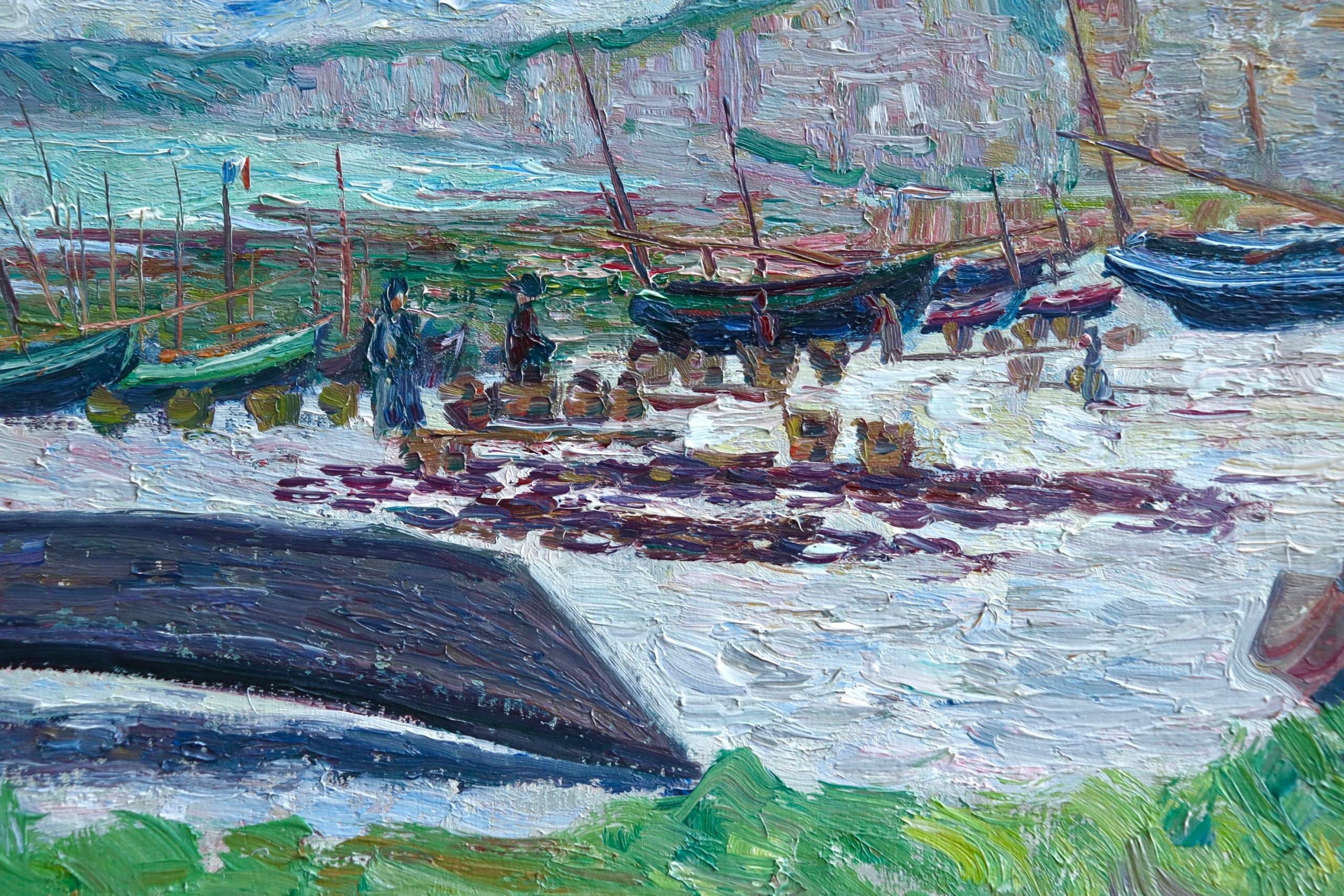 Falaises a Saint-Pierre-en-Port - Post-Impressionist Oil, Boats by B Klene - Blue Landscape Painting by Bernhard Klène