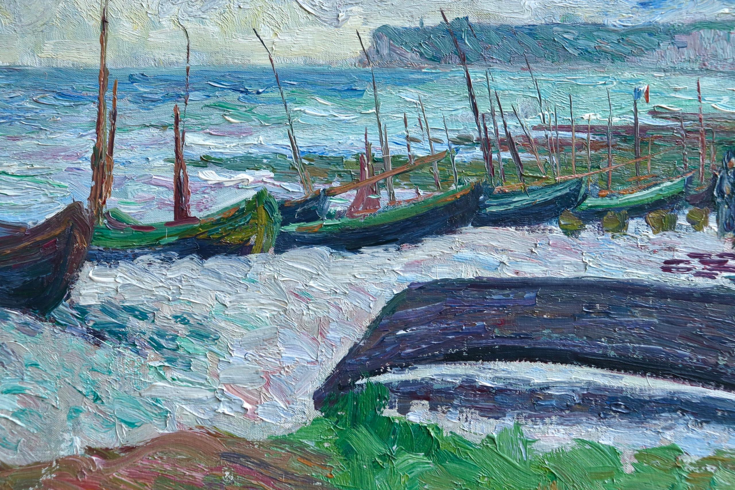 A beautiful large oil on canvas from 1910 by the Flemish impressionist painter Bernardus Klene. The work depicts boats on the beach at Saint-Pierre-en-Port. The work is unlined and unrestored and has great provenance from Galerie Marcel Bernheim -